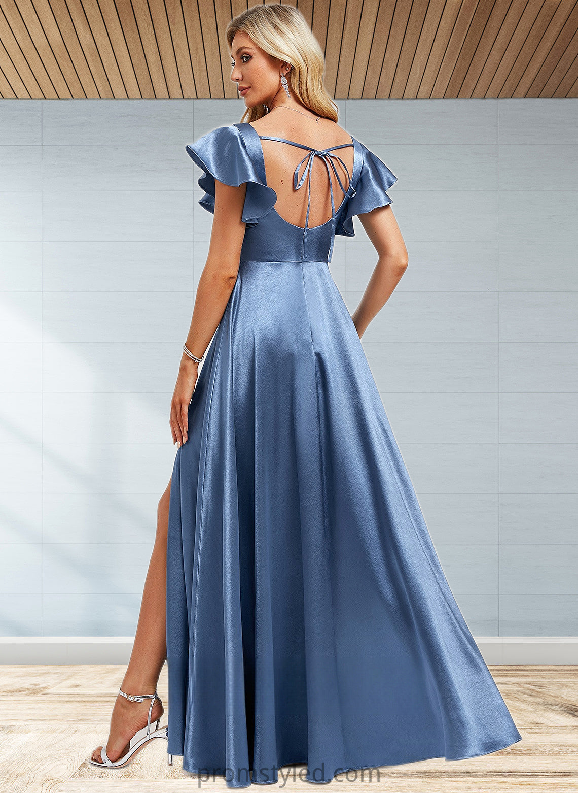 Ada A-line Square Floor-Length Stretch Satin Bridesmaid Dress With Ruffle HLP0025769