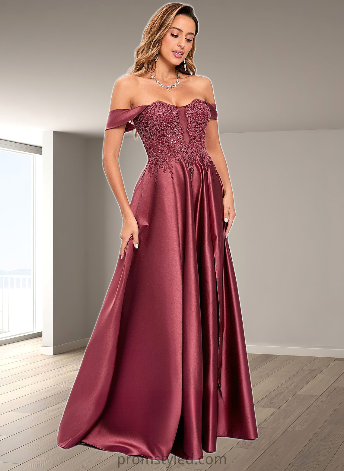 Christina A-line Off the Shoulder Floor-Length Satin Lace Prom Dresses With Sequins HLP0025841