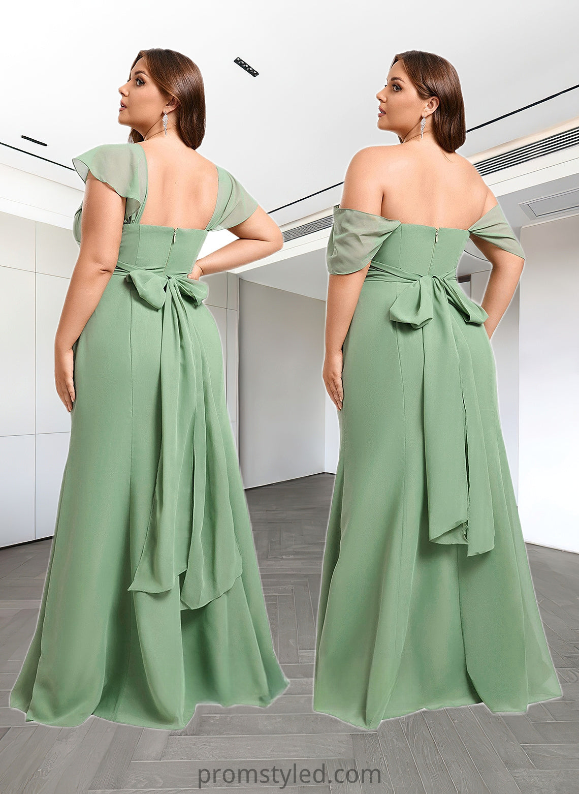 Joselyn Trumpet/Mermaid Off the Shoulder V-Neck Floor-Length Chiffon Bridesmaid Dress HLP0025810