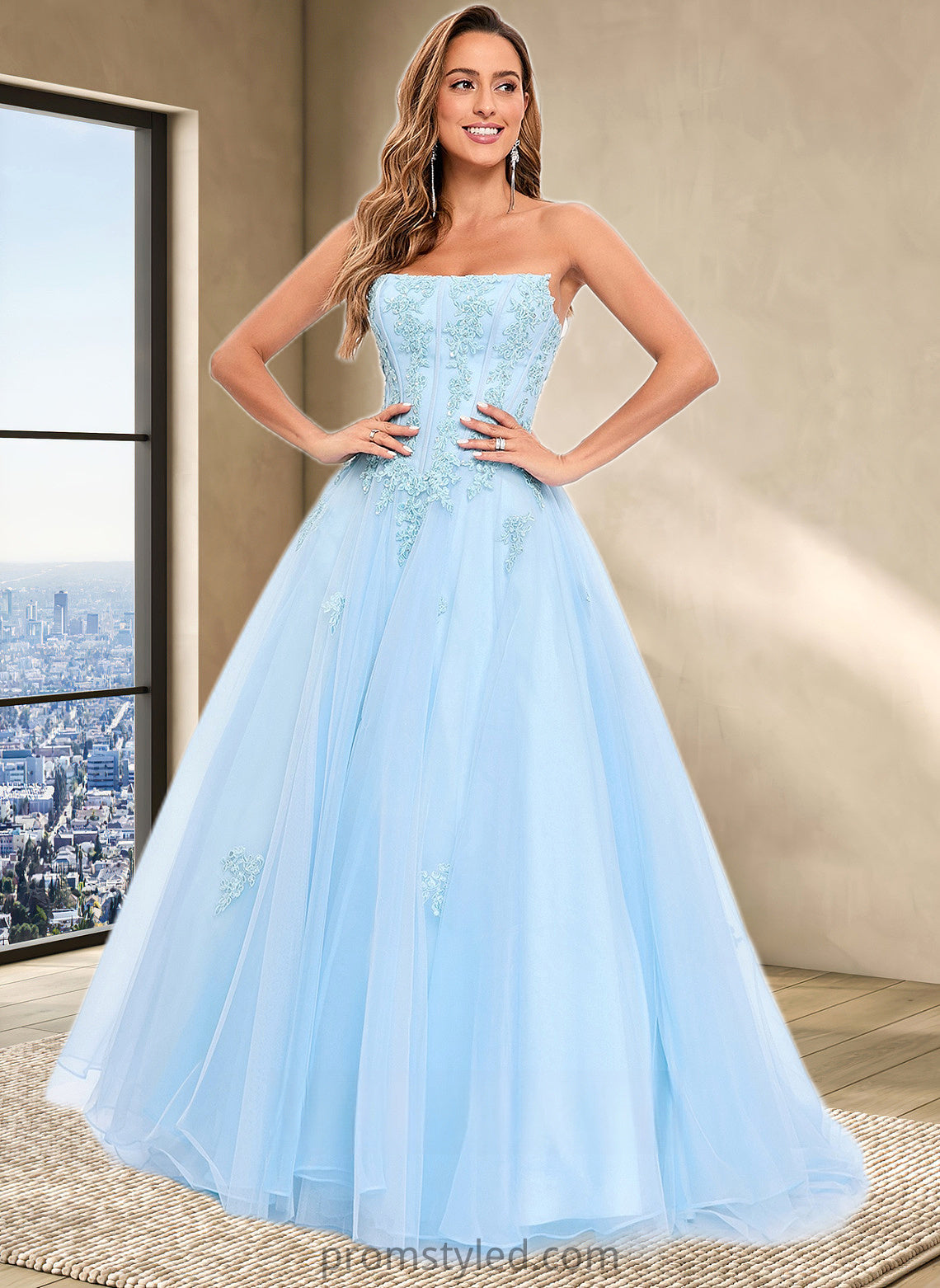 Makena Ball-Gown/Princess Straight Sweep Train Tulle Prom Dresses With Sequins Appliques Lace HLP0025864