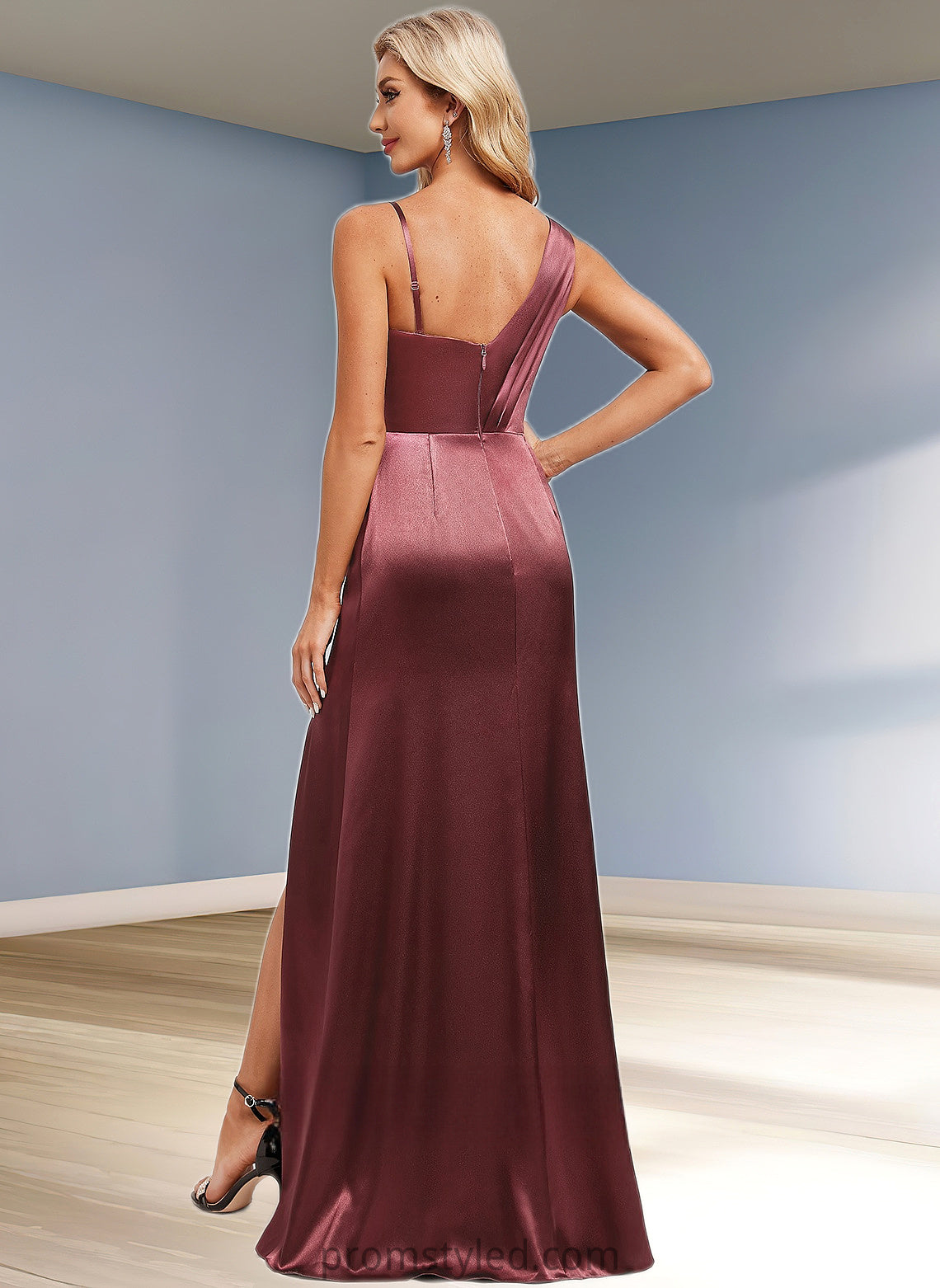 Valeria A-line Asymmetrical Floor-Length Stretch Satin Bridesmaid Dress HLP0025828