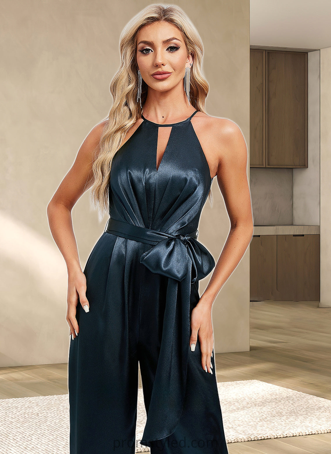 Savanah Jumpsuit/Pantsuit Halter Floor-Length Stretch Satin Bridesmaid Dress HLP0025805