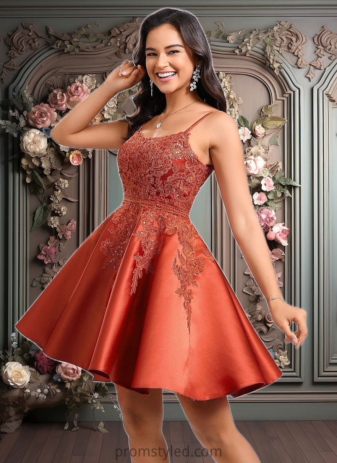 Taylor A-line Scoop Short Satin Lace Homecoming Dress With Sequins HLP0025683