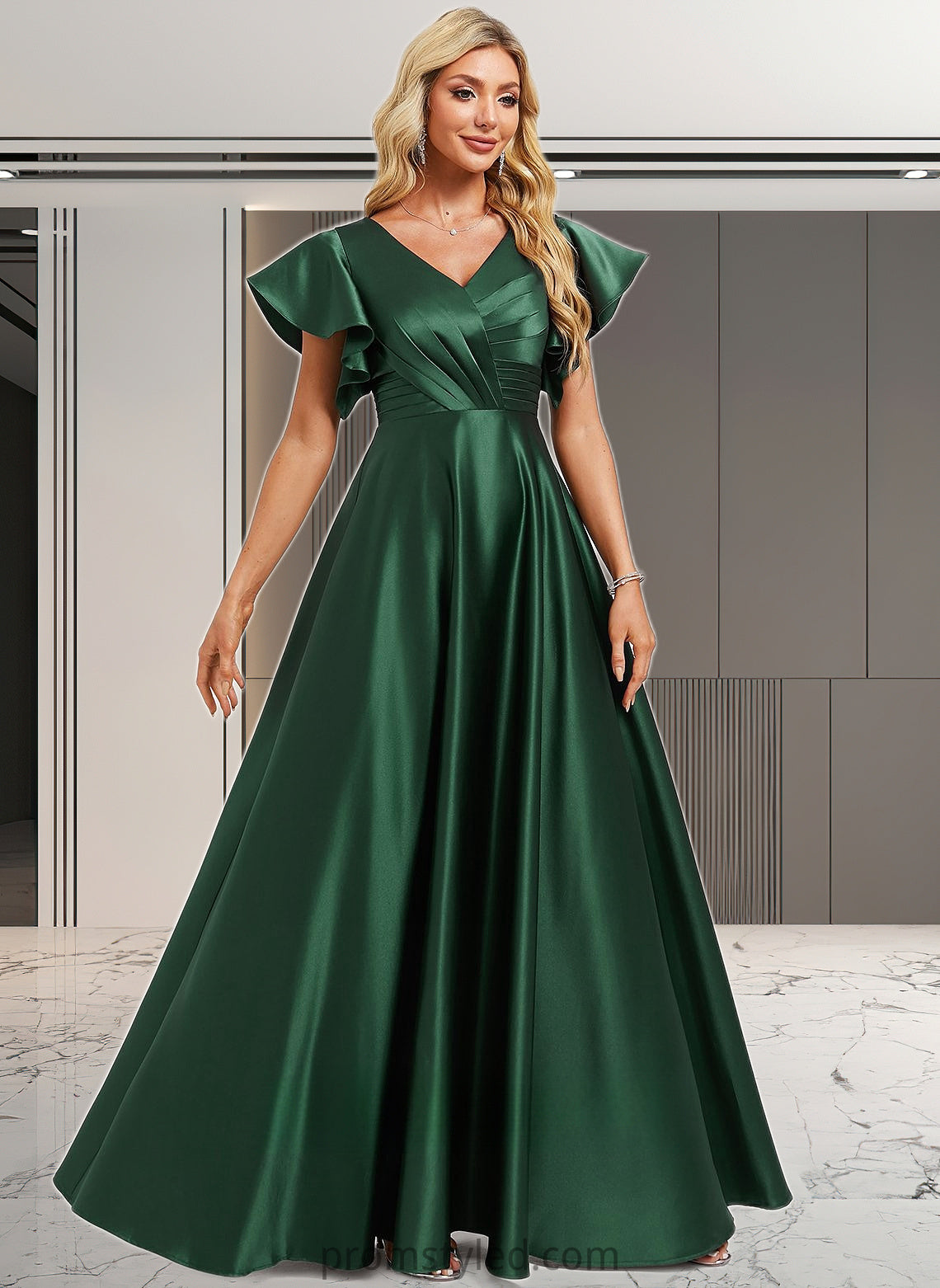 Viola A-line V-Neck Floor-Length Satin Bridesmaid Dress With Ruffle HLP0025777