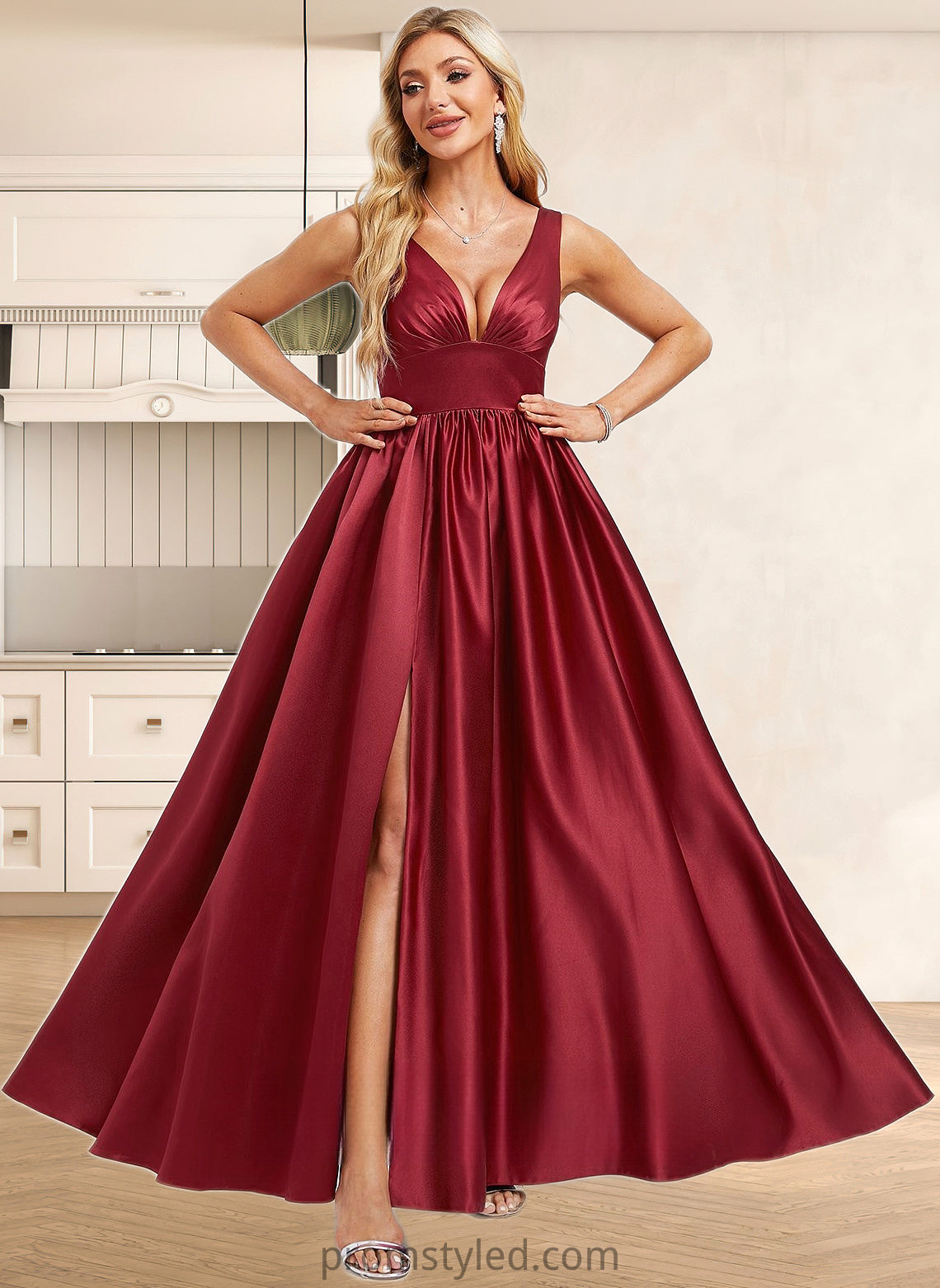 Gwendolyn A-line V-Neck Floor-Length Satin Bridesmaid Dress HLP0025775