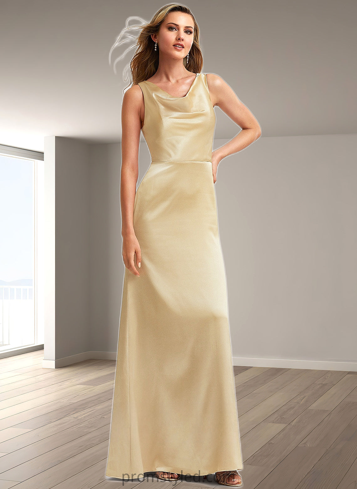 Brittany A-line Cowl Floor-Length Stretch Satin Bridesmaid Dress HLP0025764