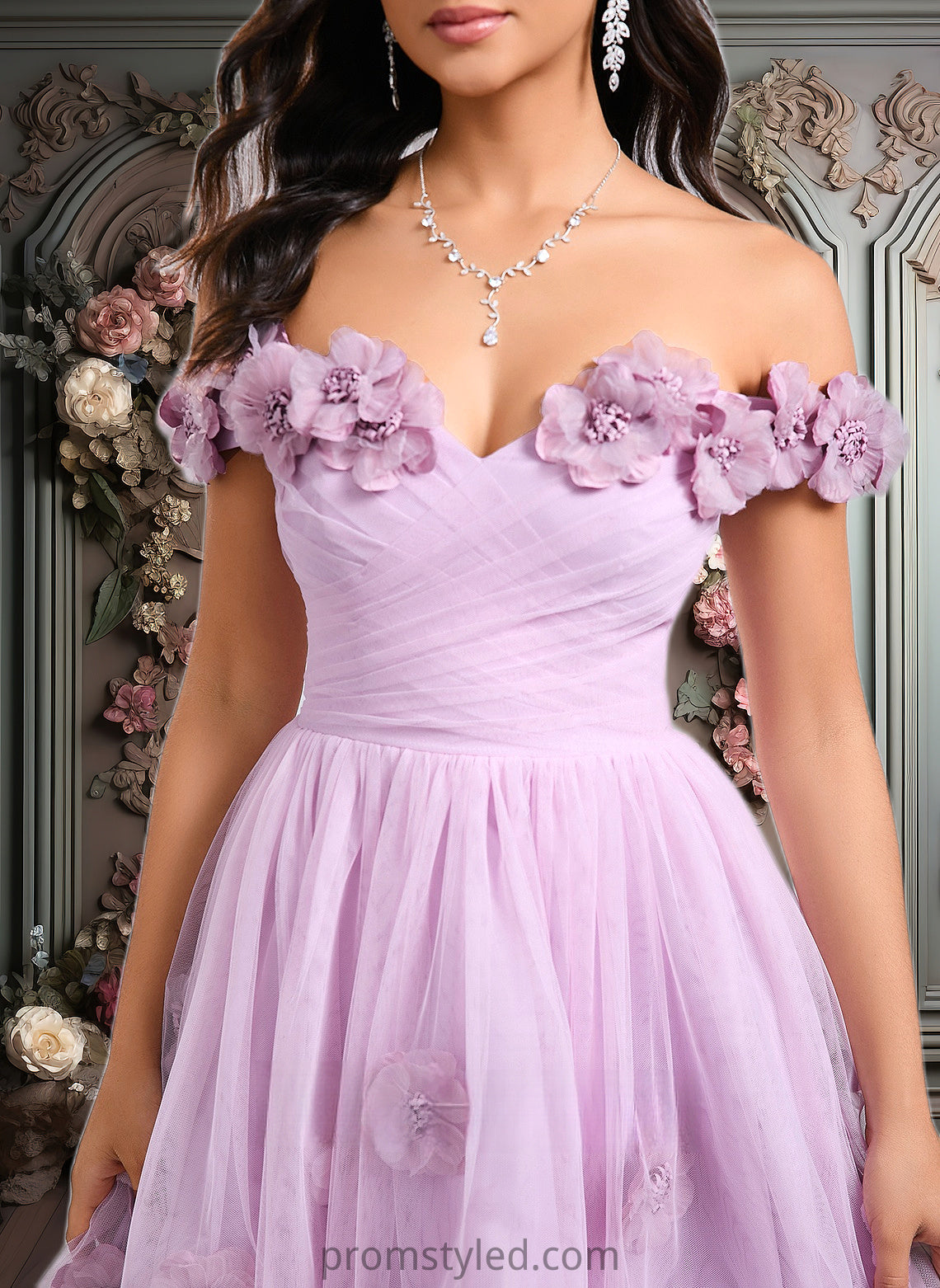 Cara Ball-Gown/Princess Off the Shoulder Short Tulle Homecoming Dress With Pleated Flower HLP0025668