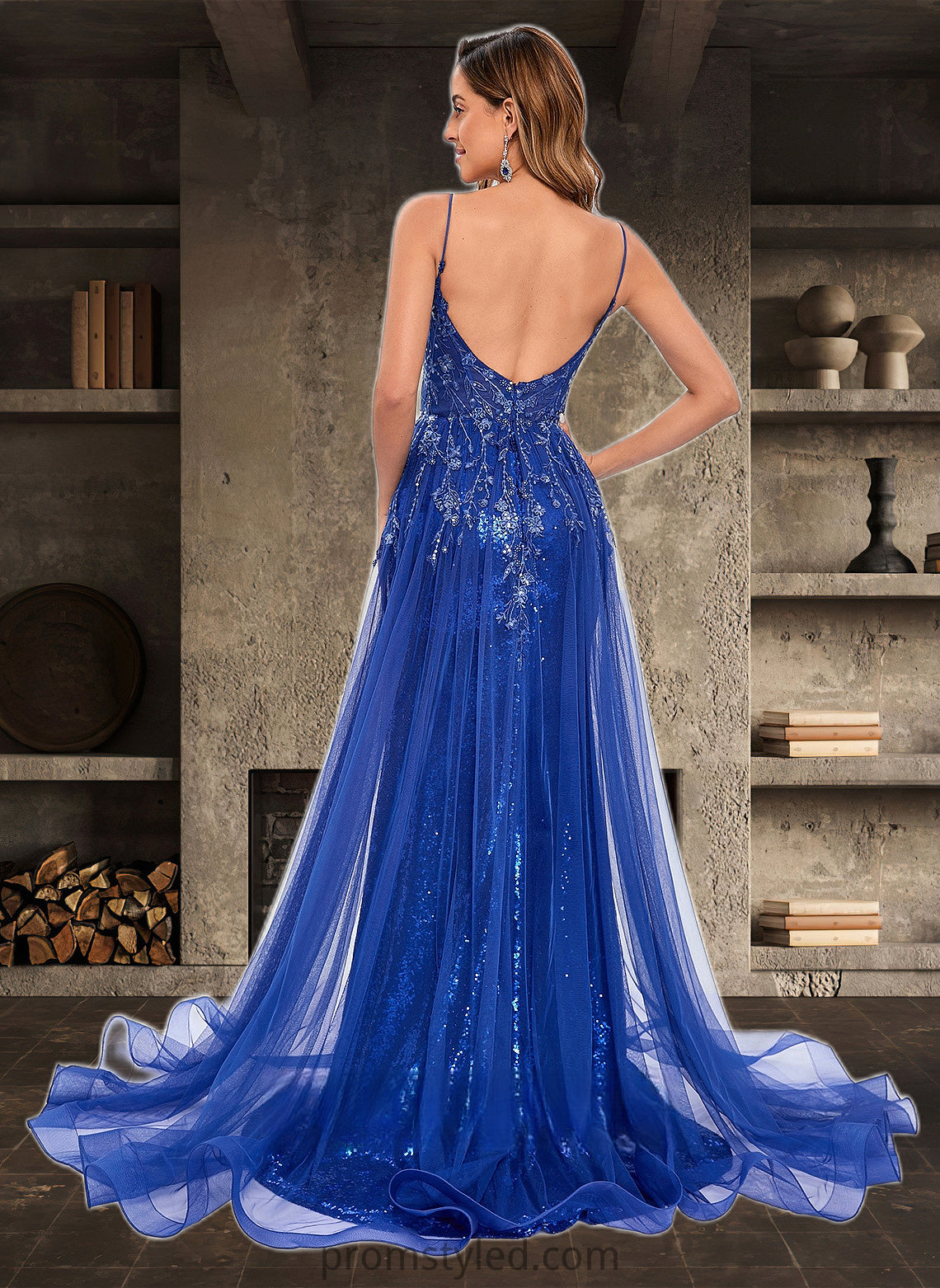 Ryann Trumpet/Mermaid Straight Sweep Train Tulle Sequin Prom Dresses With Sequins Appliques Lace HLP0025857