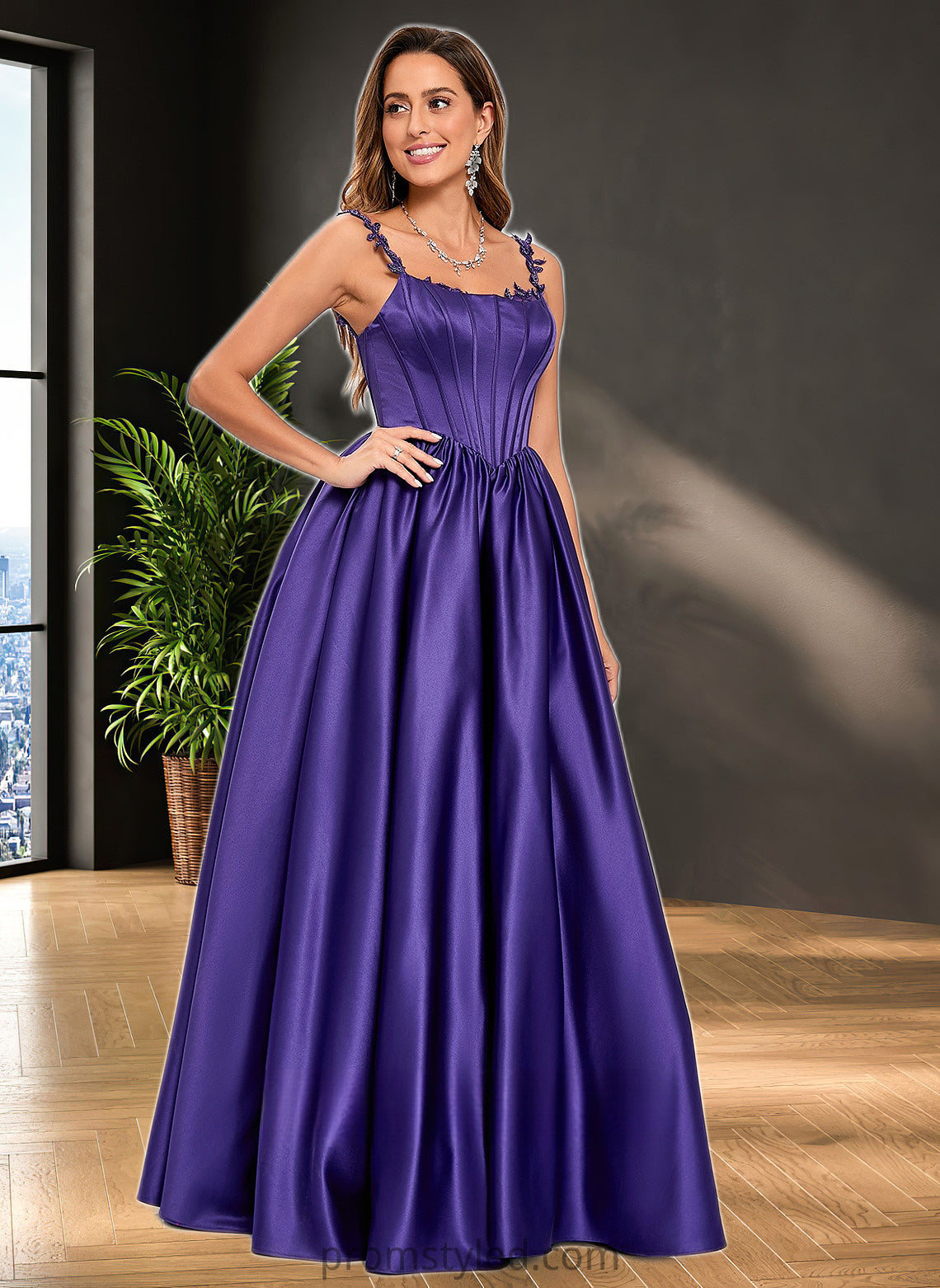 Maci Ball-Gown/Princess Scoop Floor-Length Satin Prom Dresses With Appliques Lace Beading HLP0025865