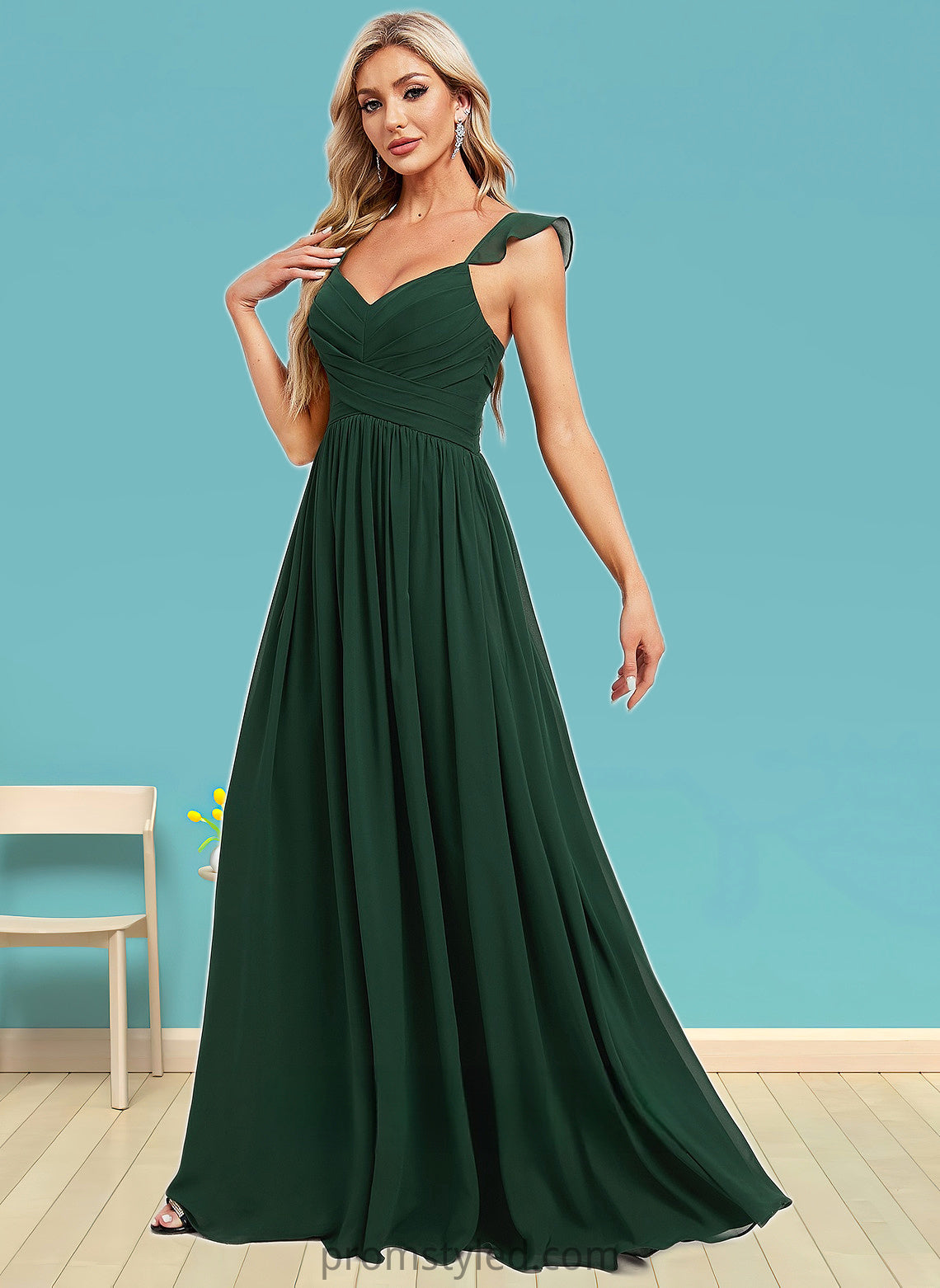 Marian A-line V-Neck Floor-Length Chiffon Bridesmaid Dress With Ruffle HLP0025811