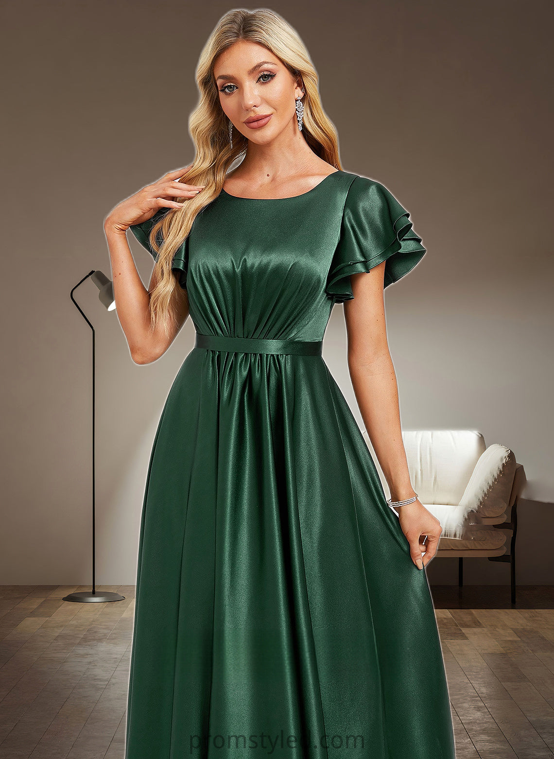 Kyra A-line Scoop Floor-Length Stretch Satin Bridesmaid Dress With Ruffle HLP0025770