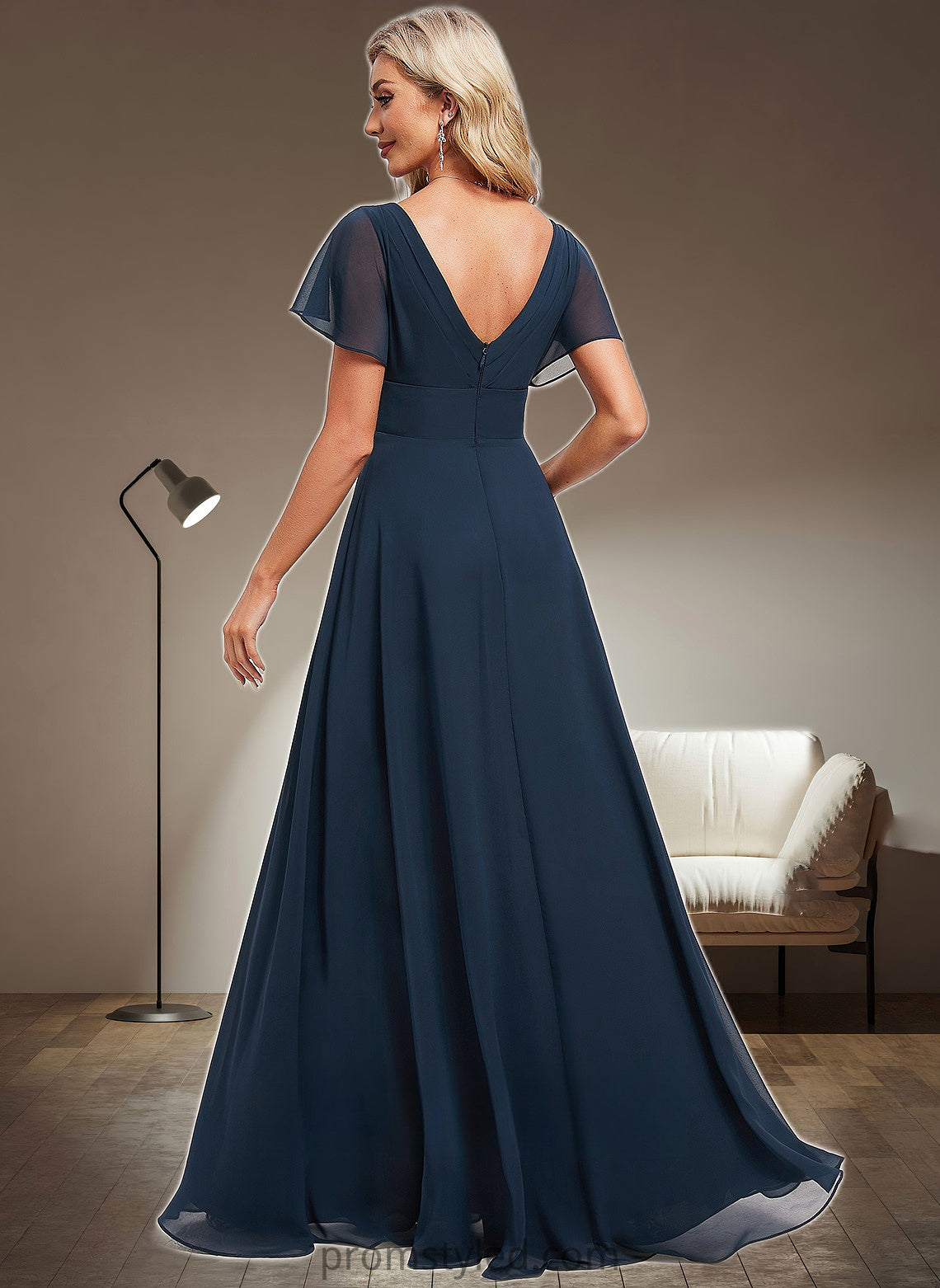 Laura A-line V-Neck Floor-Length Chiffon Bridesmaid Dress HLP0025806