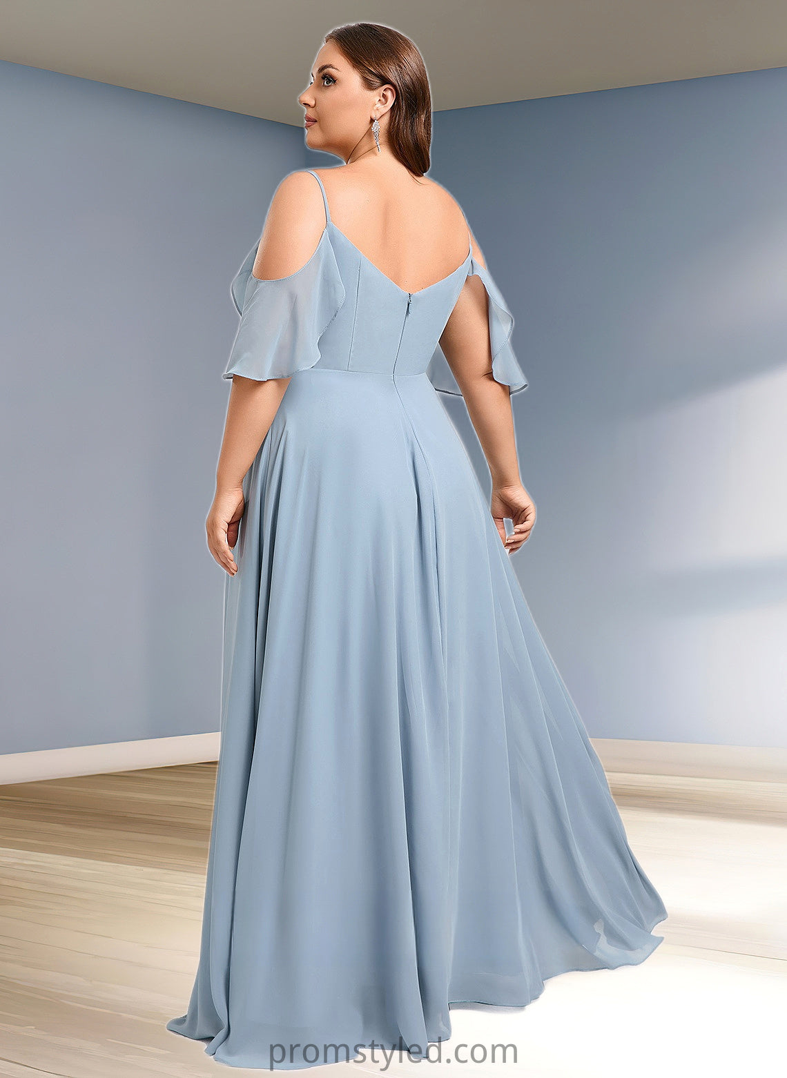 Rosa A-line Cold Shoulder Floor-Length Chiffon Bridesmaid Dress With Ruffle HLP0025797