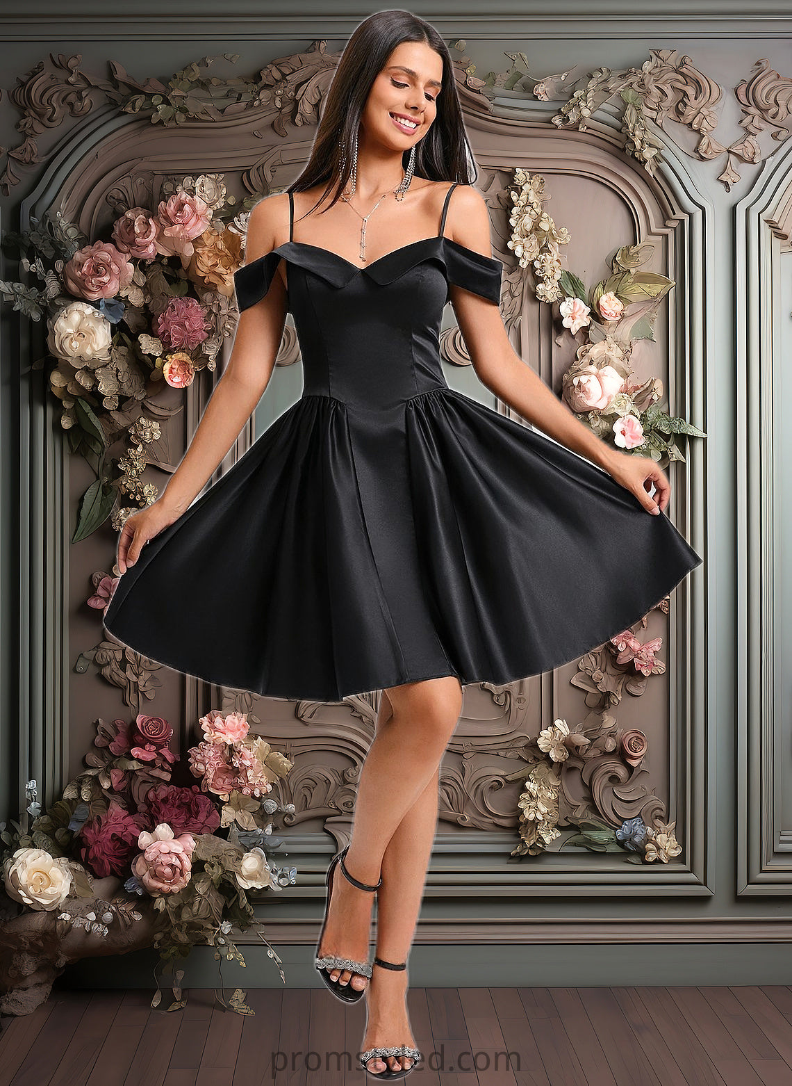 Jolie A-line Off the Shoulder Short Satin Homecoming Dress HLP0025704