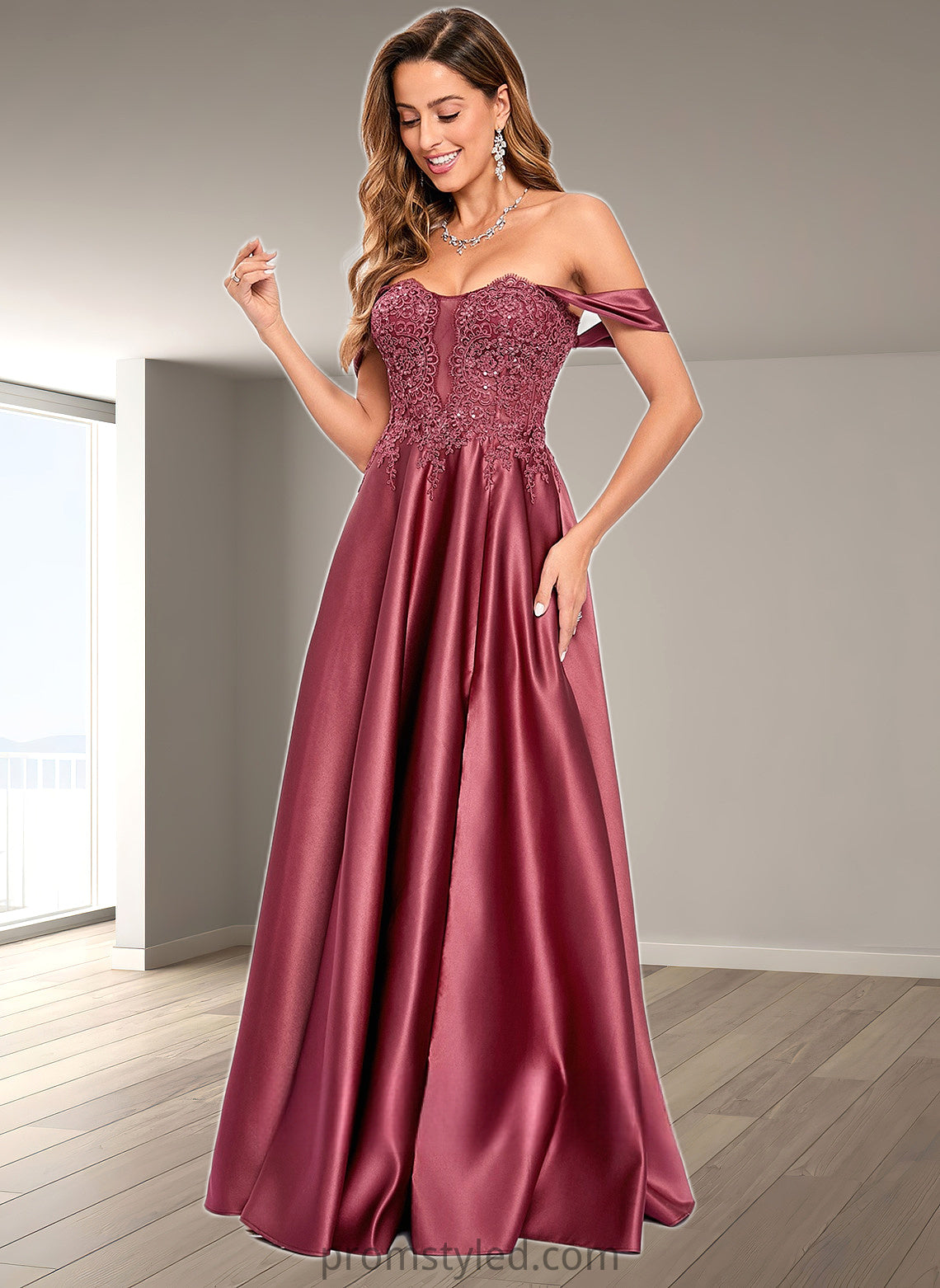 Christina A-line Off the Shoulder Floor-Length Satin Lace Prom Dresses With Sequins HLP0025841