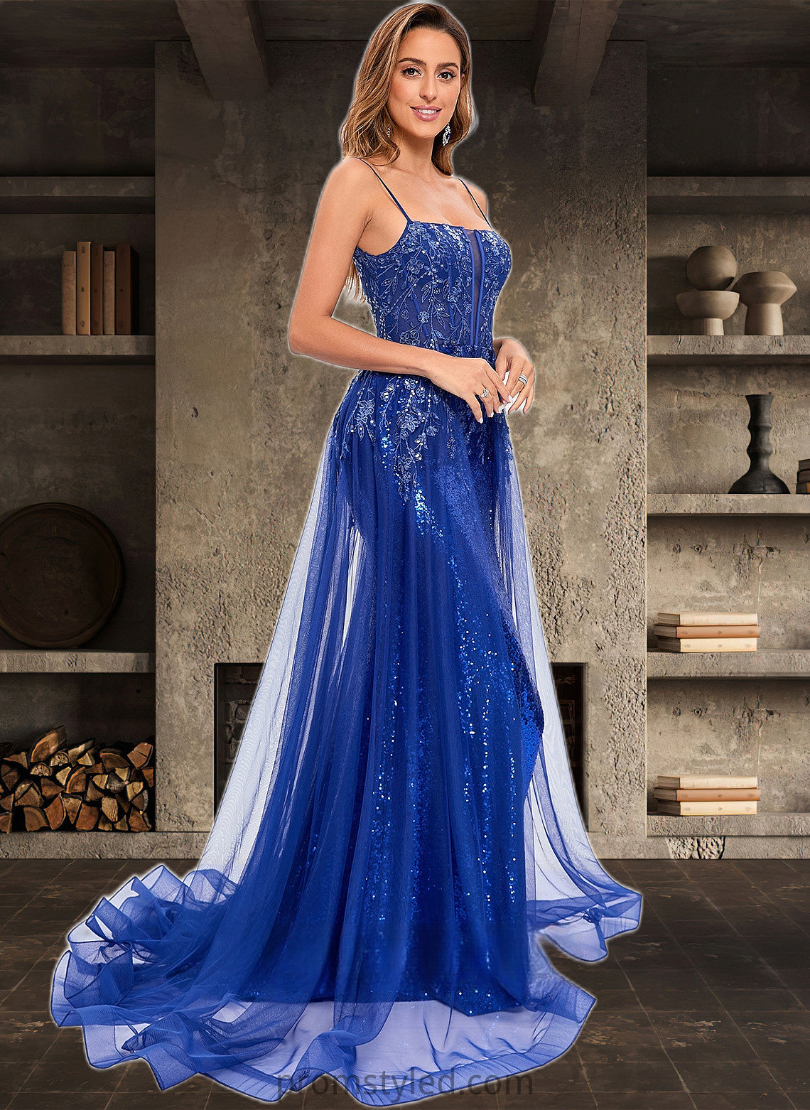 Ryann Trumpet/Mermaid Straight Sweep Train Tulle Sequin Prom Dresses With Sequins Appliques Lace HLP0025857