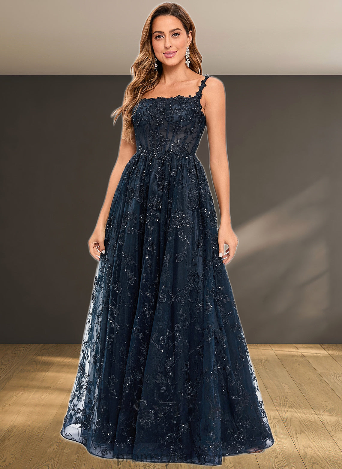 Yazmin A-line Square Floor-Length Organza Lace Floral Prom Dresses With Sequins HLP0025844