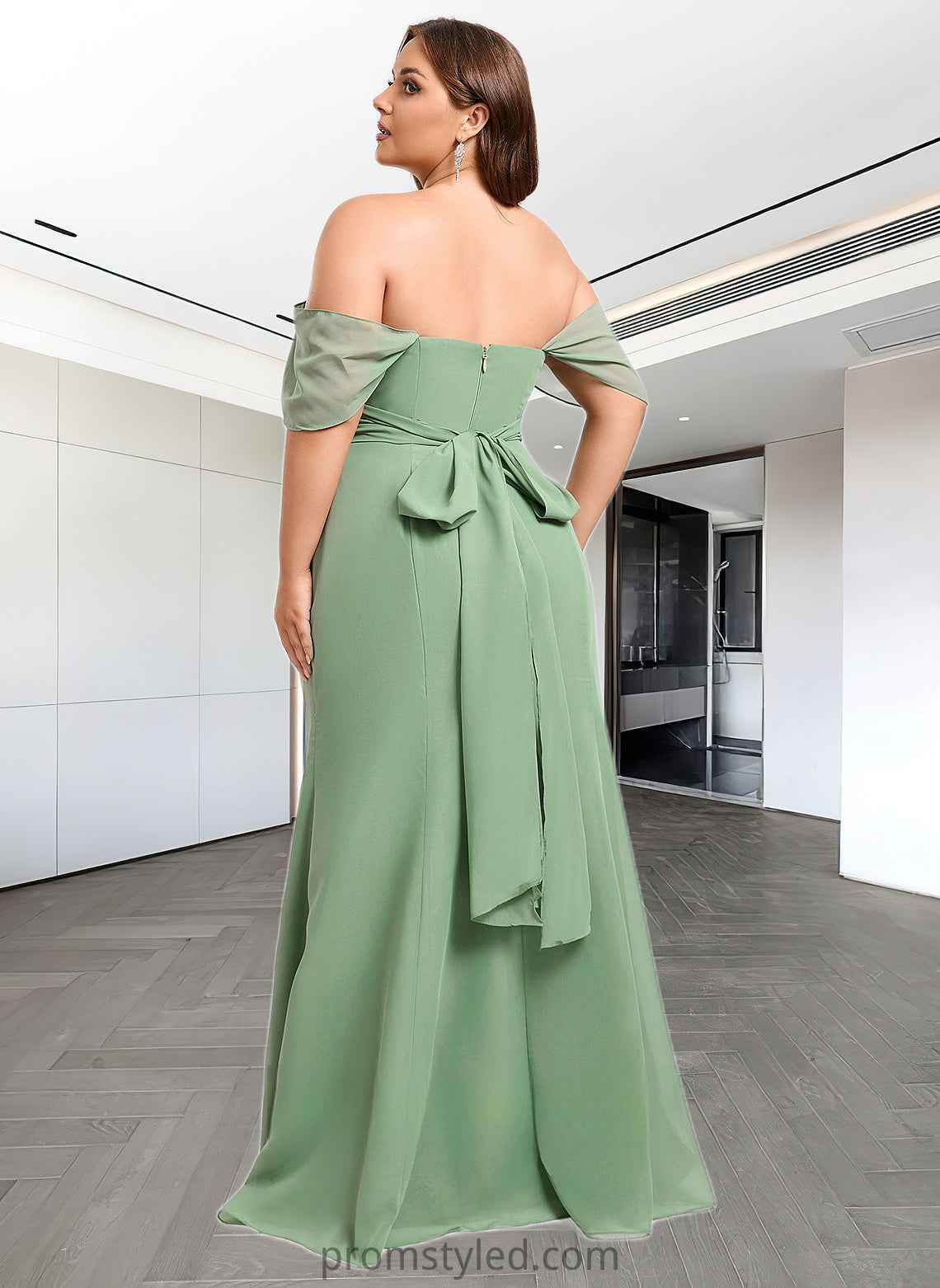 Joselyn Trumpet/Mermaid Off the Shoulder V-Neck Floor-Length Chiffon Bridesmaid Dress HLP0025810