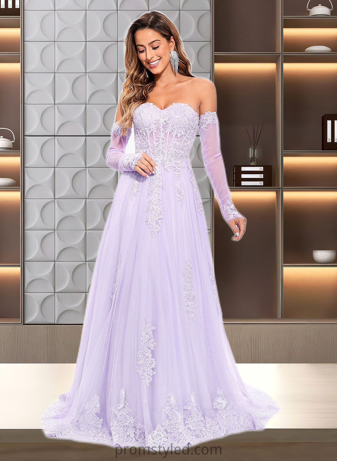 Carolyn A-line Sweetheart Sweep Train Tulle Prom Dresses With Sequins Appliques Lace HLP0025856