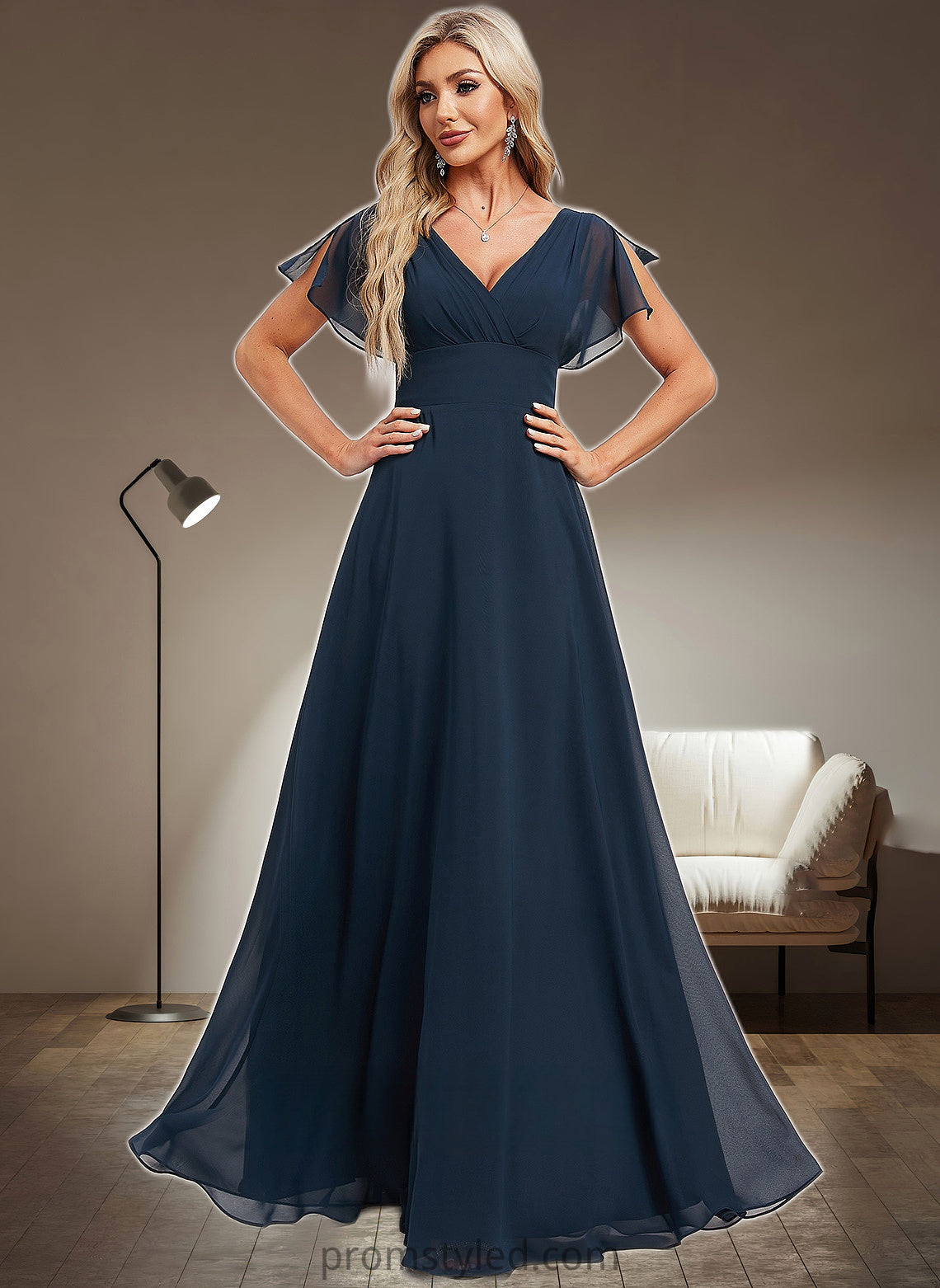 Laura A-line V-Neck Floor-Length Chiffon Bridesmaid Dress HLP0025806