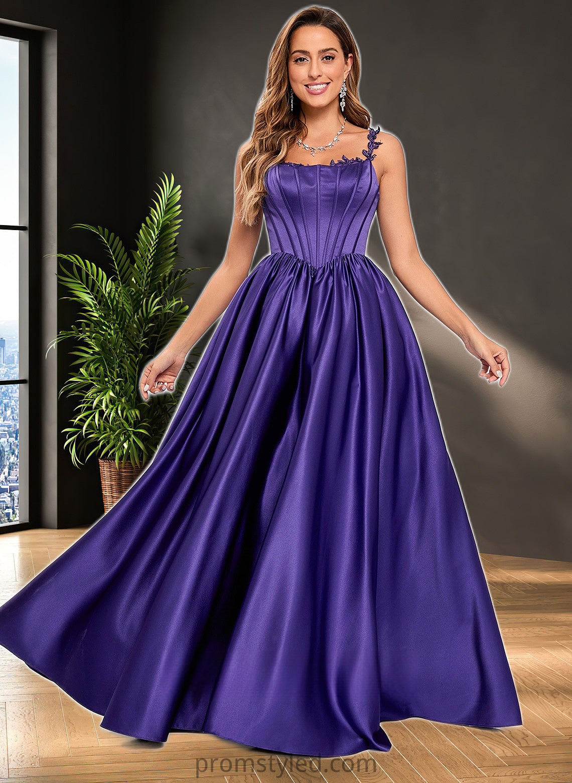 Maci Ball-Gown/Princess Scoop Floor-Length Satin Prom Dresses With Appliques Lace Beading HLP0025865