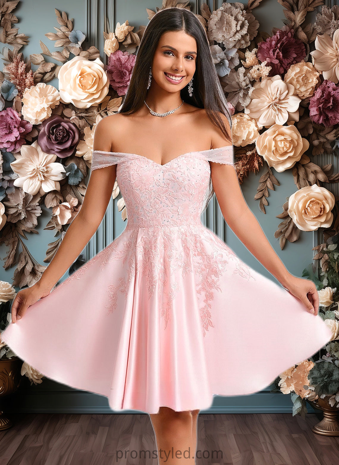 Charlotte A-line Off the Shoulder Short Satin Homecoming Dress With Rhinestone Beading Appliques Lace HLP0025679