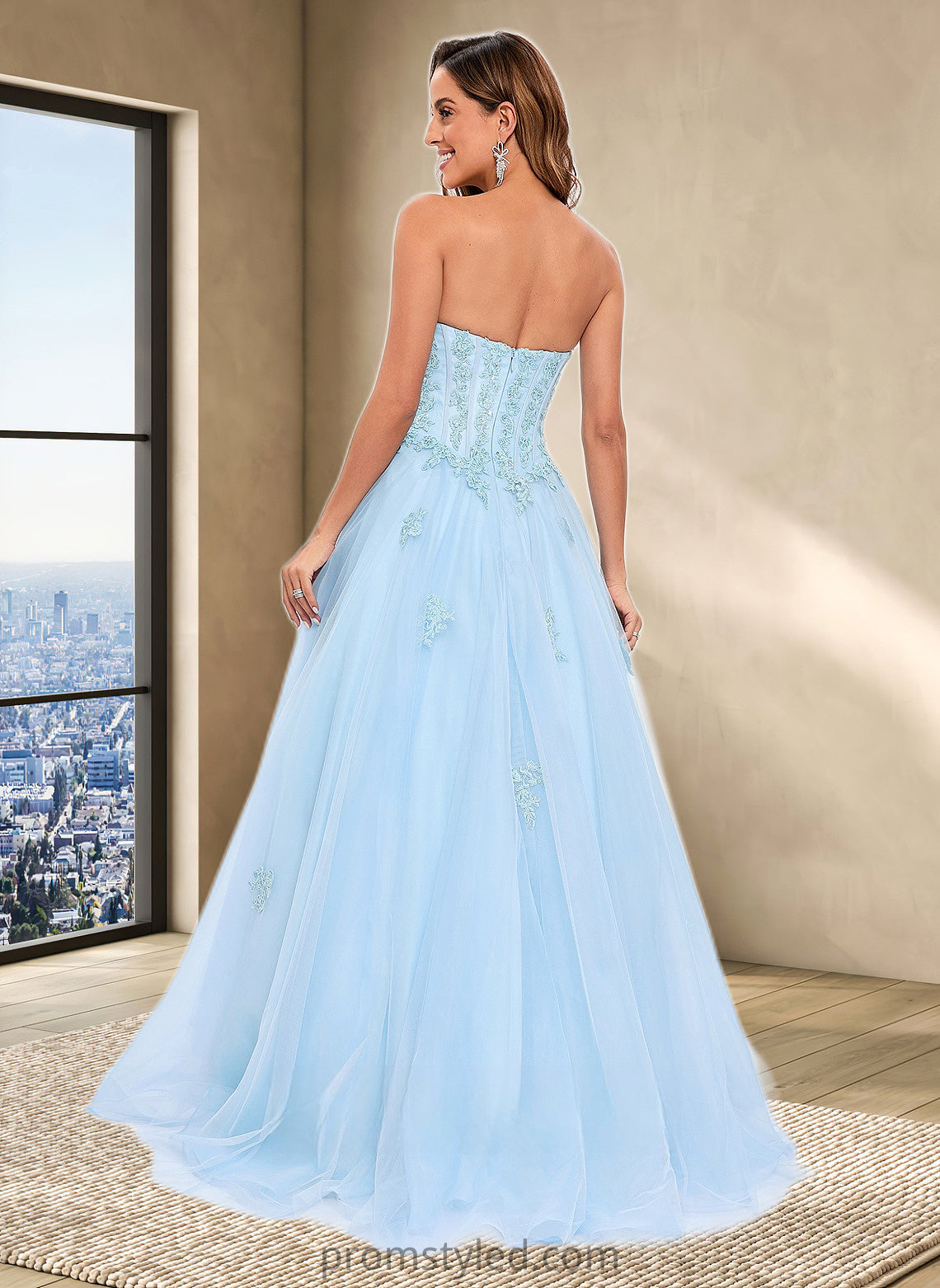 Makena Ball-Gown/Princess Straight Sweep Train Tulle Prom Dresses With Sequins Appliques Lace HLP0025864