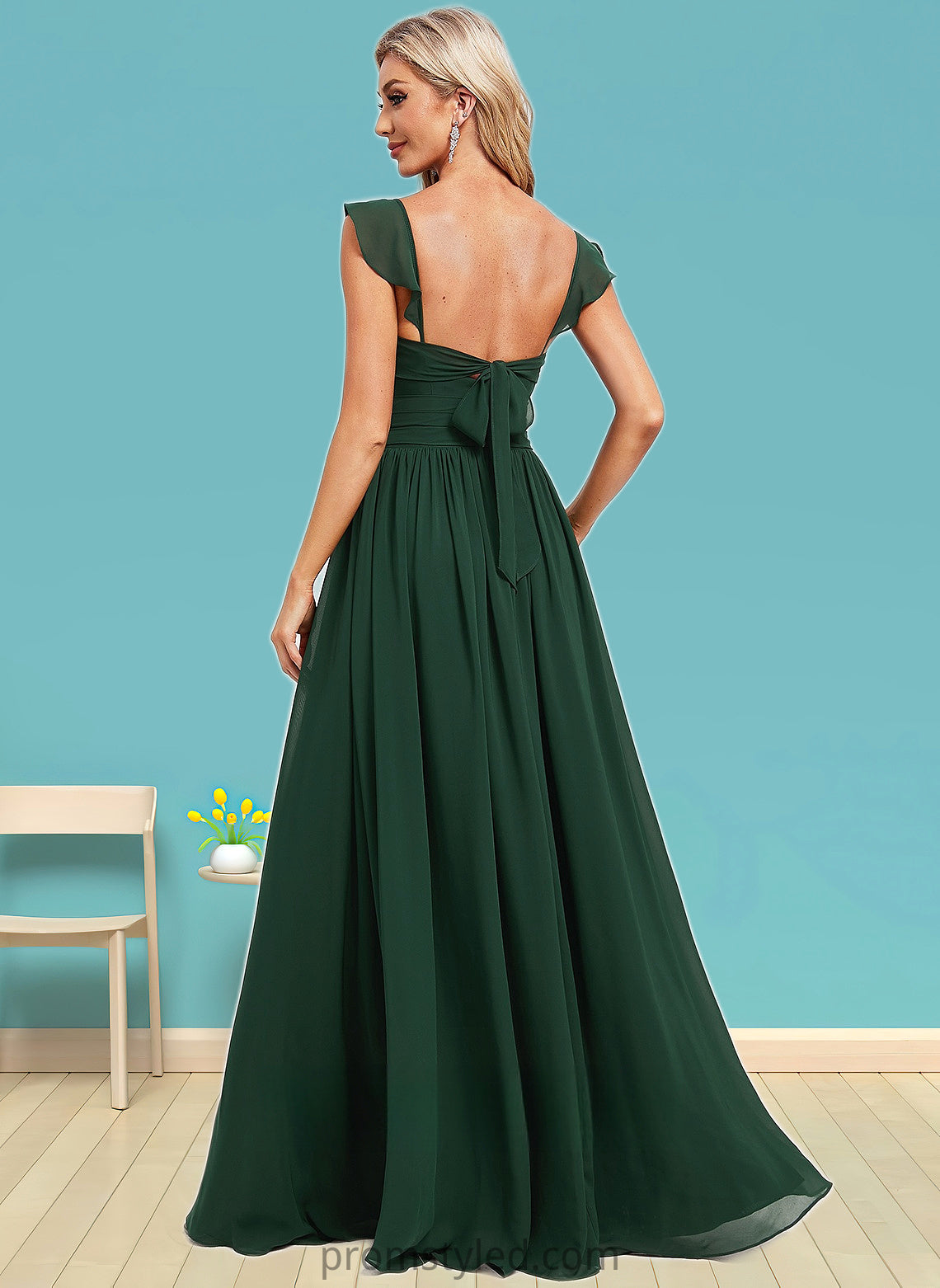 Marian A-line V-Neck Floor-Length Chiffon Bridesmaid Dress With Ruffle HLP0025811