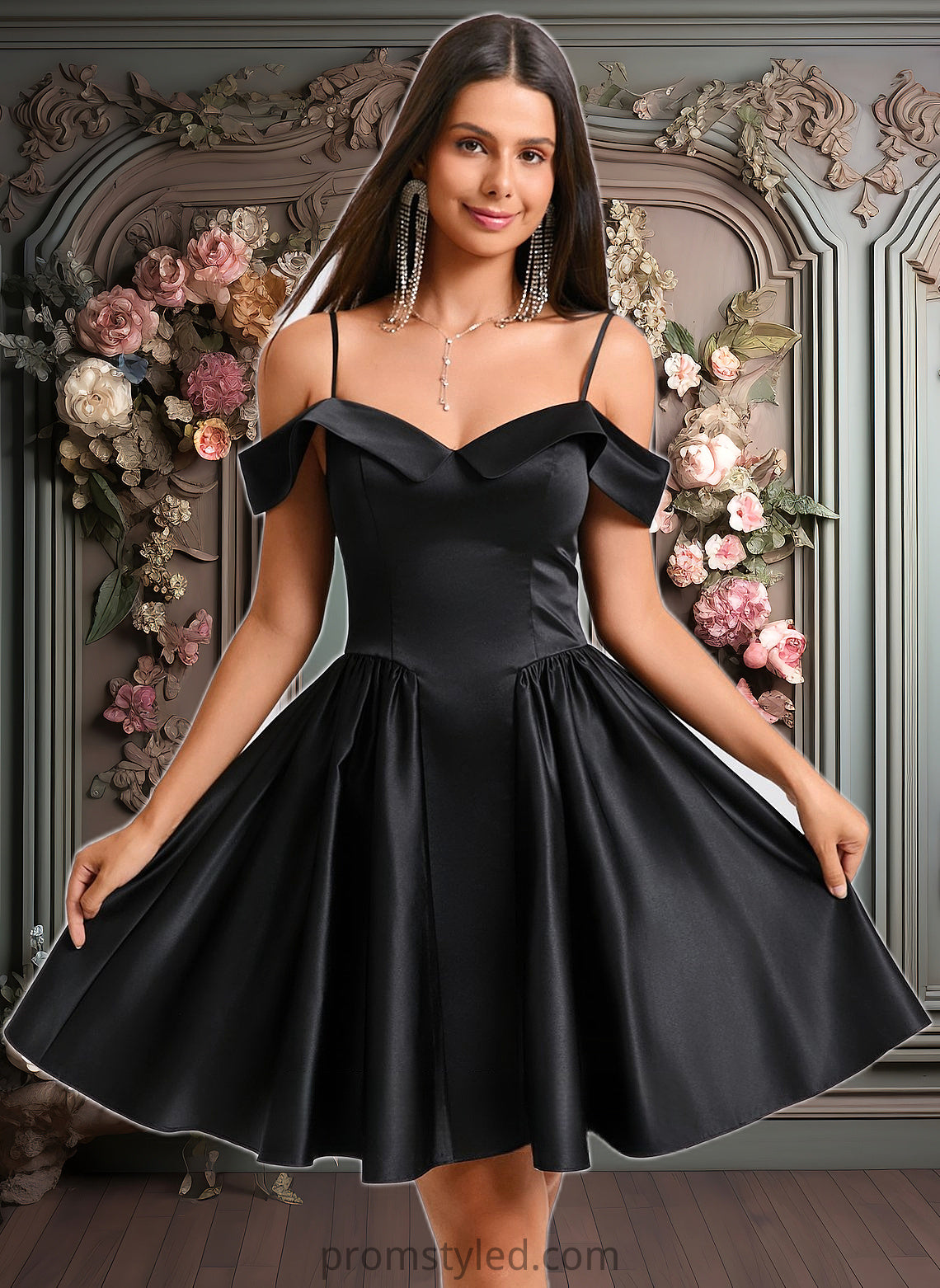 Jolie A-line Off the Shoulder Short Satin Homecoming Dress HLP0025704