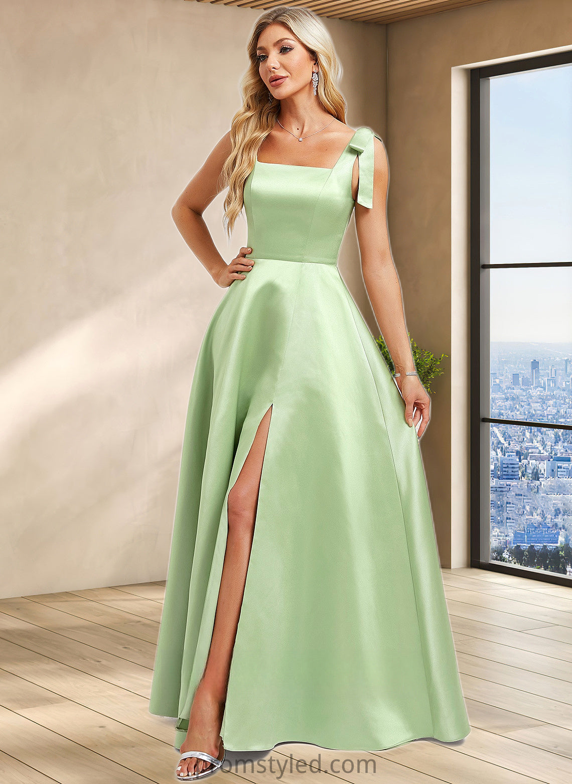 Mareli A-line Square Floor-Length Satin Bridesmaid Dress With Bow HLP0025778