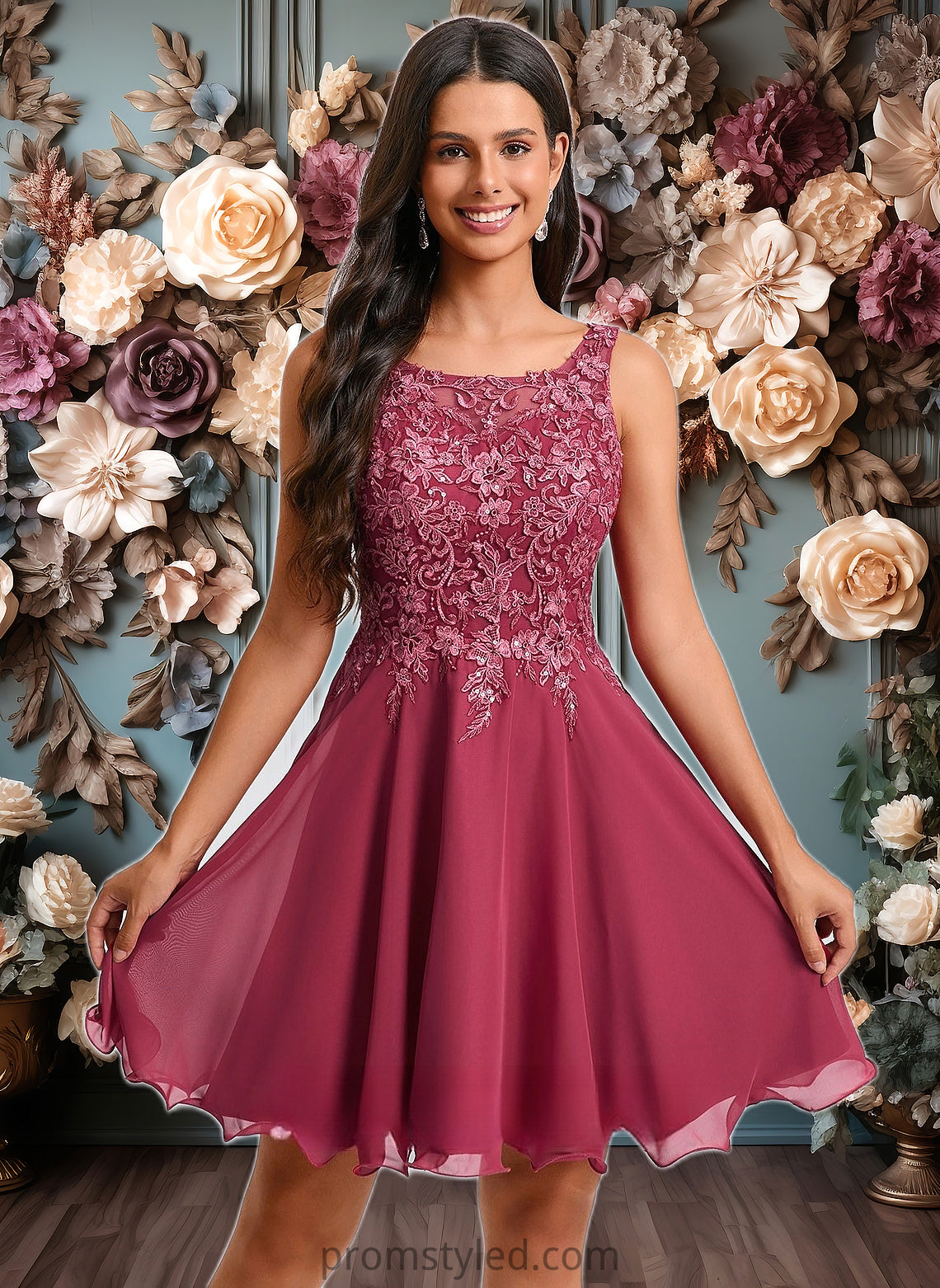 Campbell A-line Scoop Short Chiffon Homecoming Dress With Sequins Appliques Lace HLP0025681