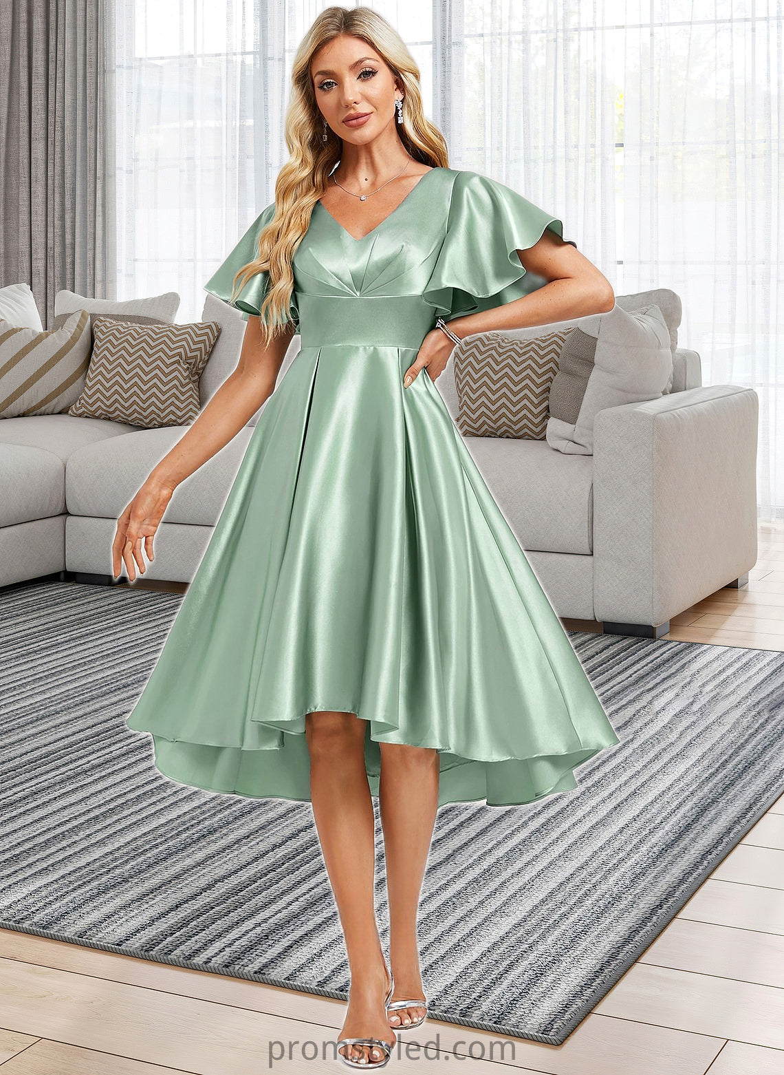 Ashanti A-line V-Neck Asymmetrical Stretch Satin Bridesmaid Dress With Ruffle HLP0025772