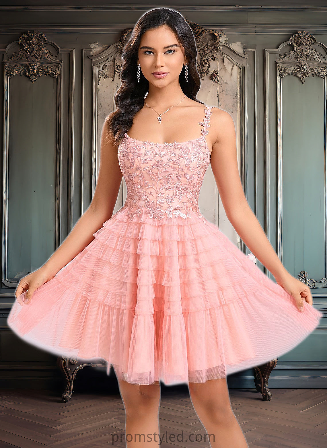 Damaris Ball-Gown/Princess Scoop Short Tulle Lace Homecoming Dress With Ruffle HLP0025676