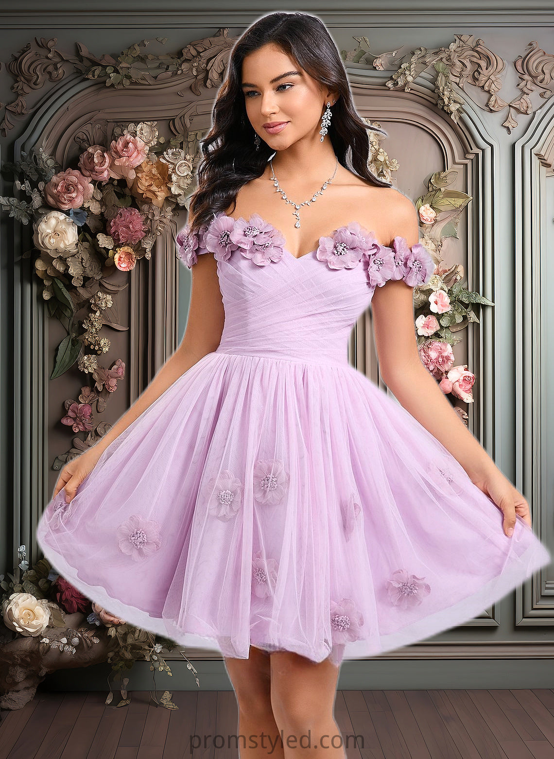 Cara Ball-Gown/Princess Off the Shoulder Short Tulle Homecoming Dress With Pleated Flower HLP0025668