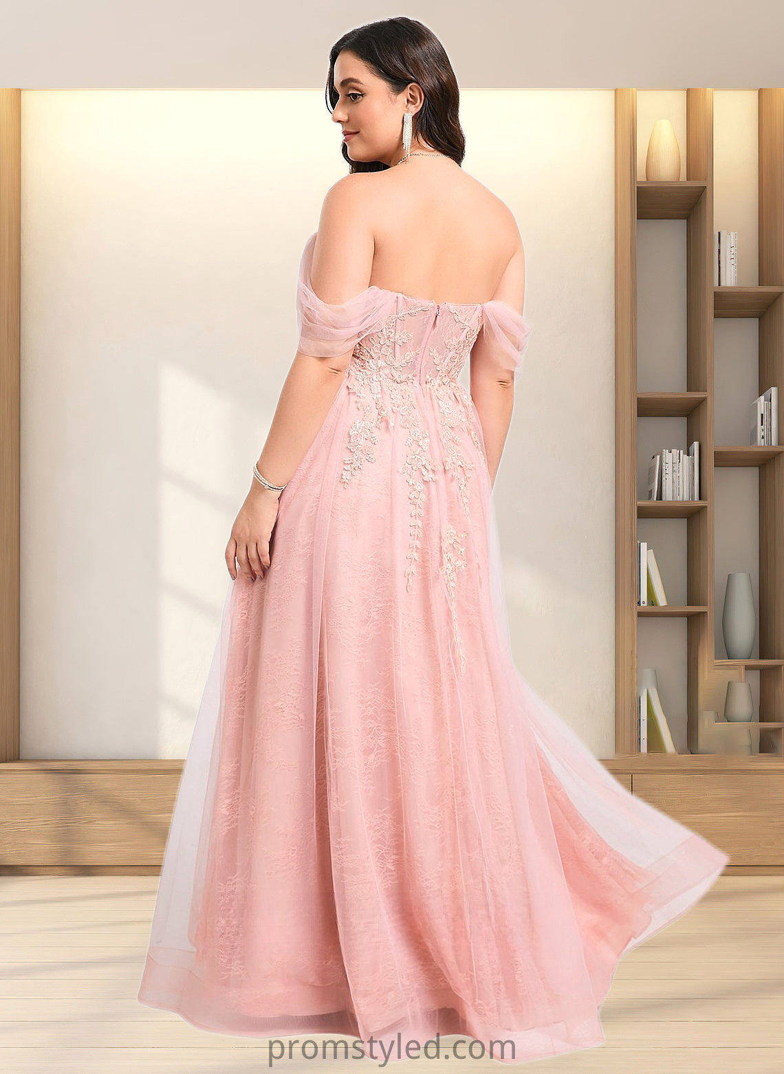 Baylee A-line Sweetheart Off the Shoulder Floor-Length Tulle Floral Lace Prom Dresses With Appliques Lace HLP0025870