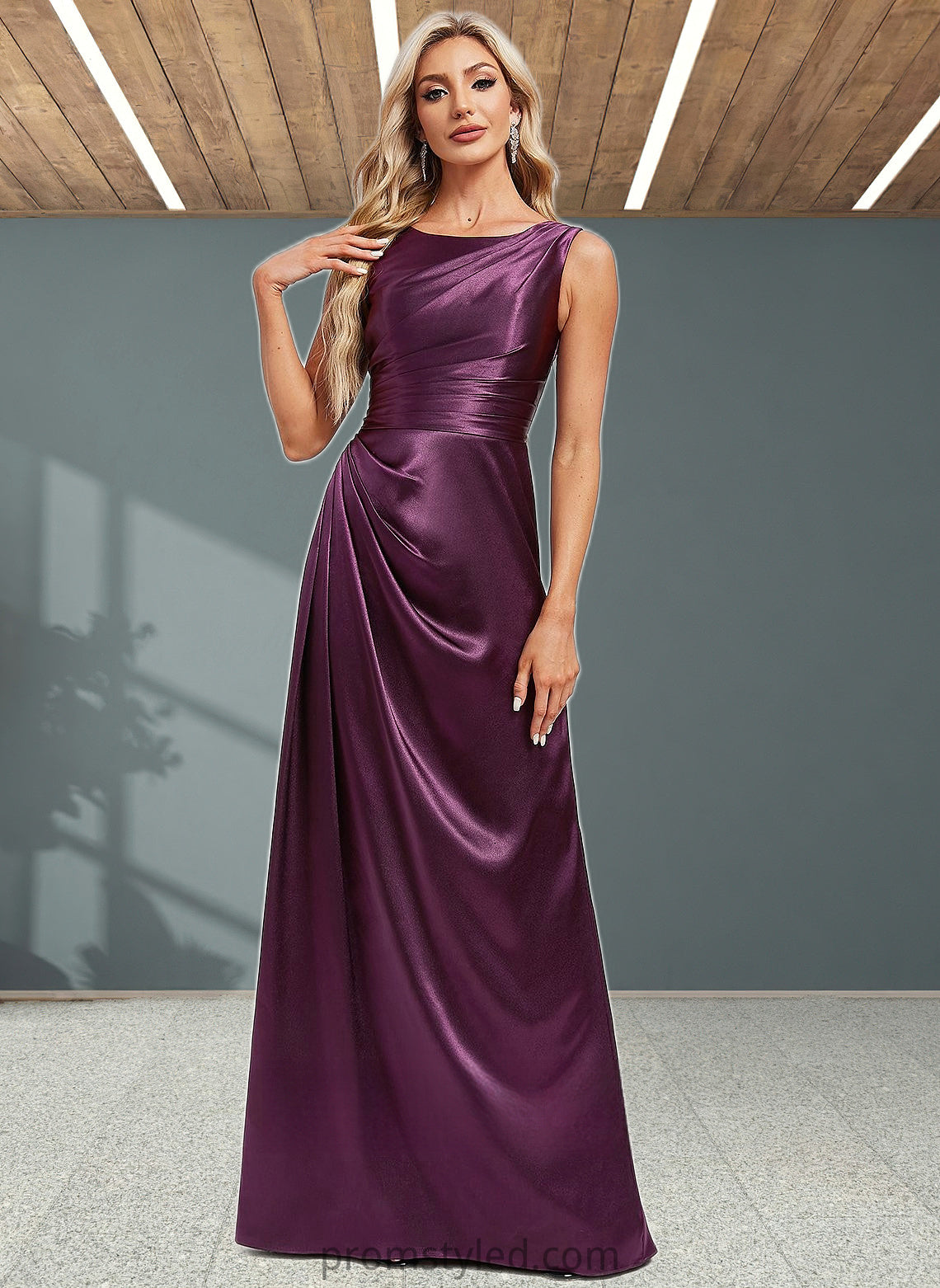 Kaelyn A-line Scoop Floor-Length Stretch Satin Bridesmaid Dress HLP0025829