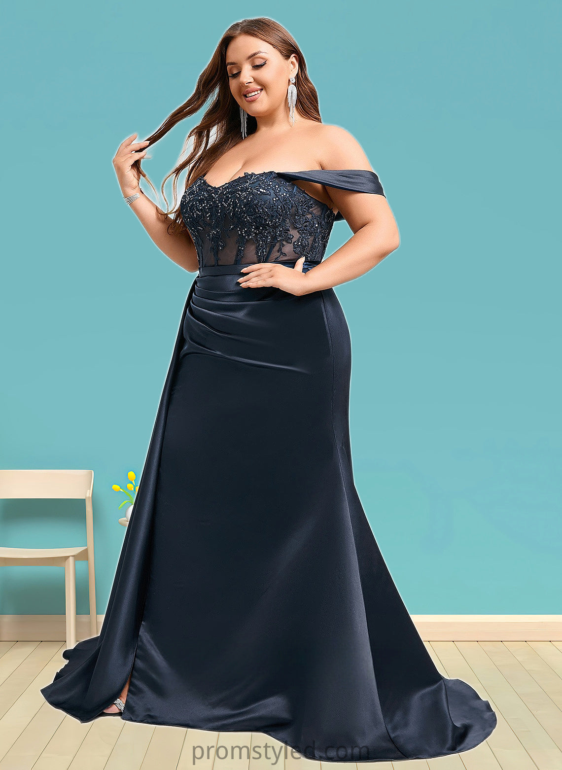 Lisa Trumpet/Mermaid Off the Shoulder Sweep Train Satin Prom Dresses With Sequins Appliques Lace HLP0025835