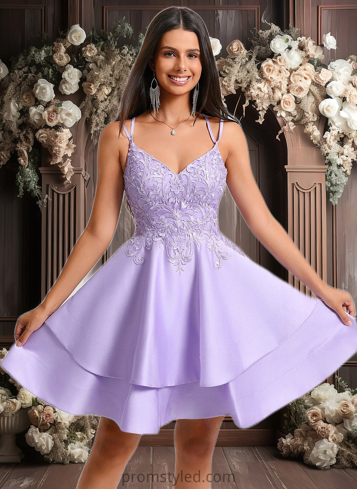 Elyse A-line V-Neck Short Satin Homecoming Dress With Appliques Lace HLP0025692