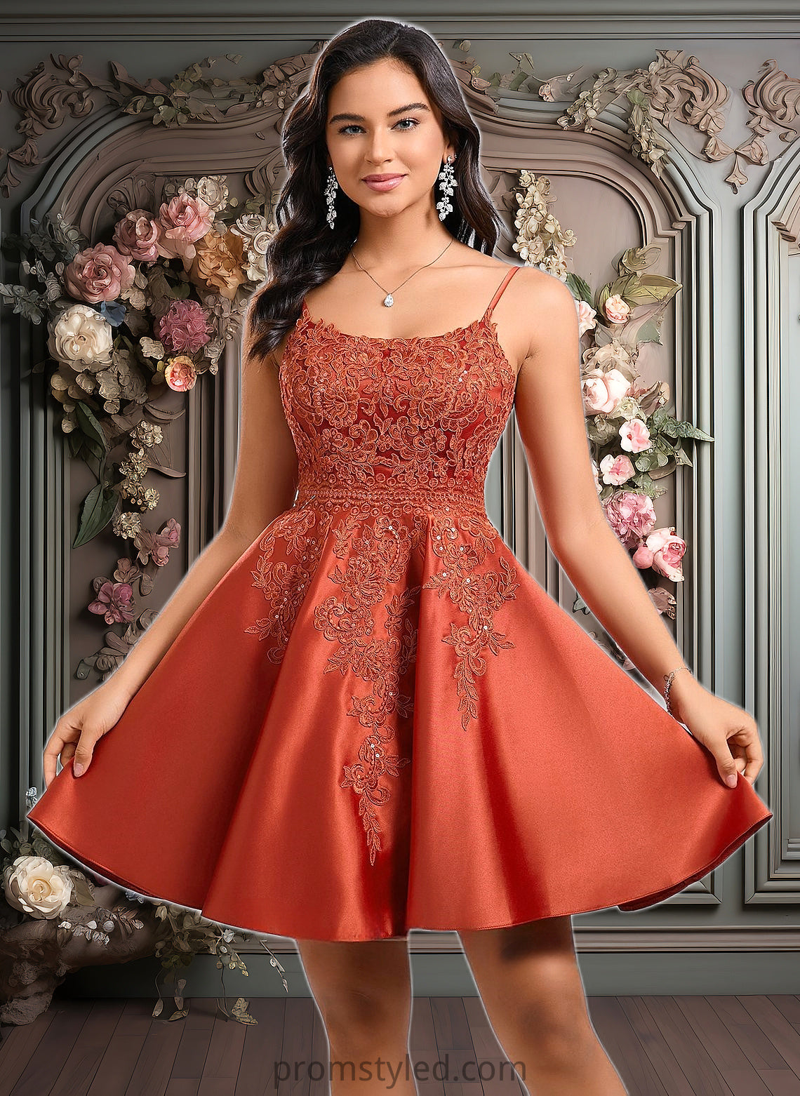 Taylor A-line Scoop Short Satin Lace Homecoming Dress With Sequins HLP0025683