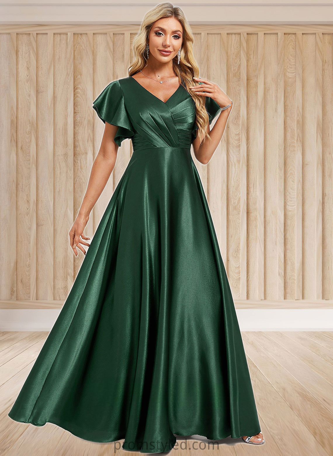 Meredith A-line V-Neck Floor-Length Stretch Satin Bridesmaid Dress With Ruffle HLP0025773