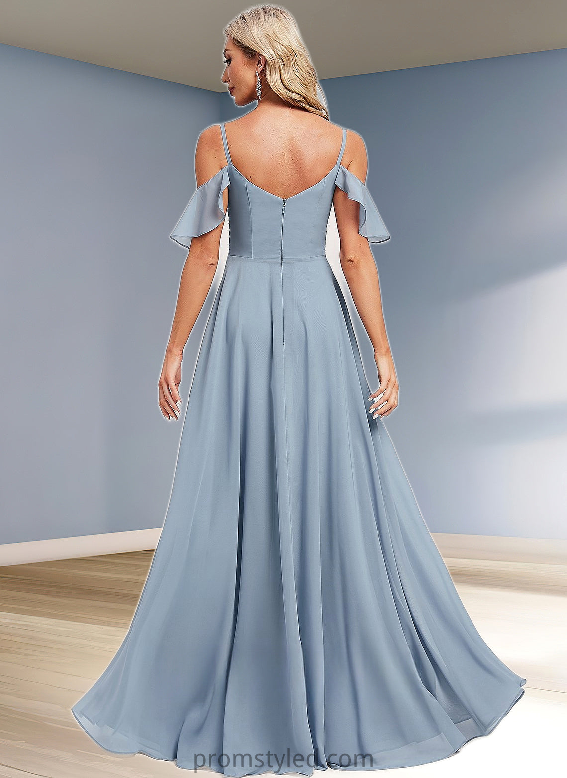 Rosa A-line Cold Shoulder Floor-Length Chiffon Bridesmaid Dress With Ruffle HLP0025797