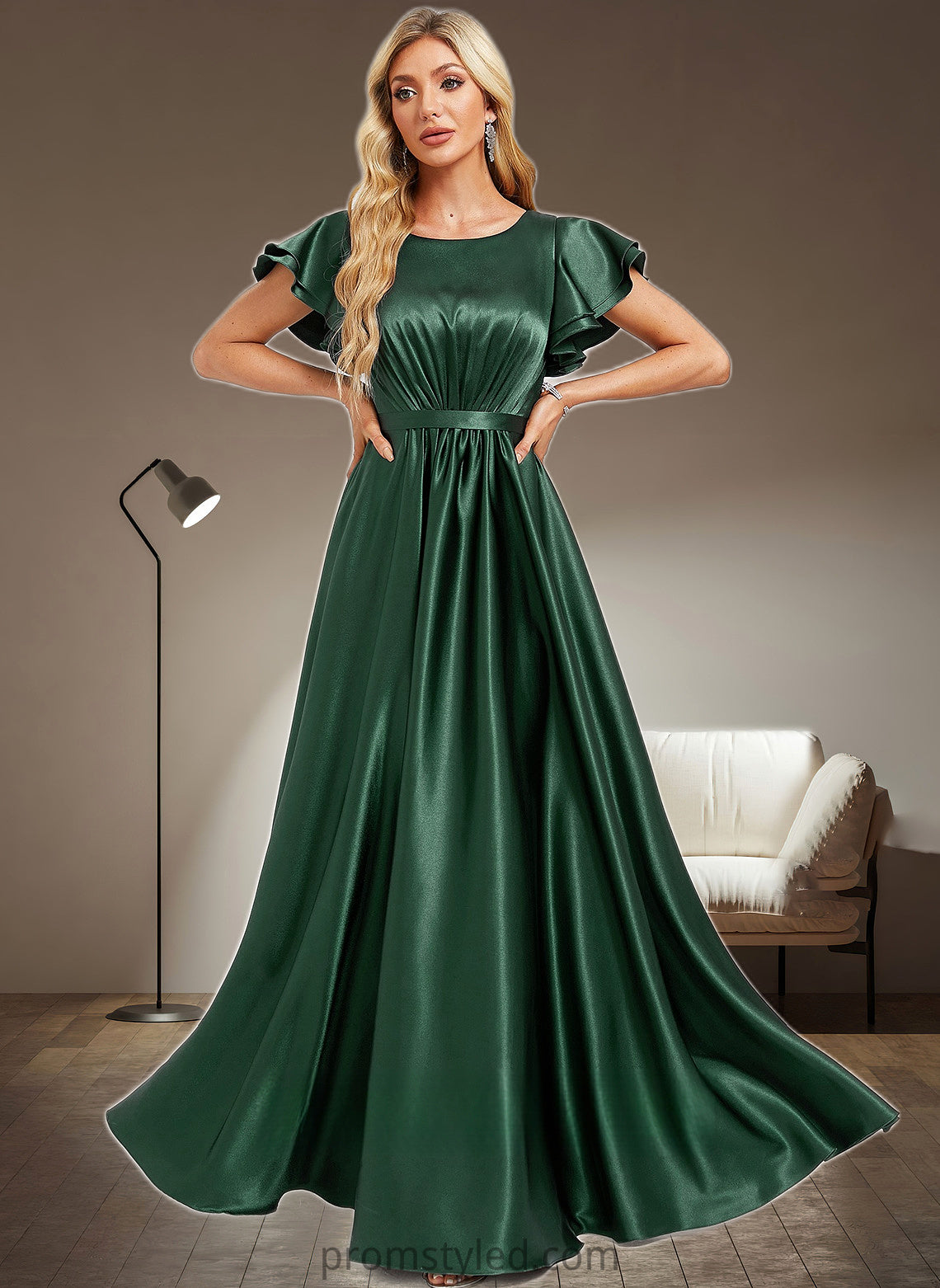 Kyra A-line Scoop Floor-Length Stretch Satin Bridesmaid Dress With Ruffle HLP0025770