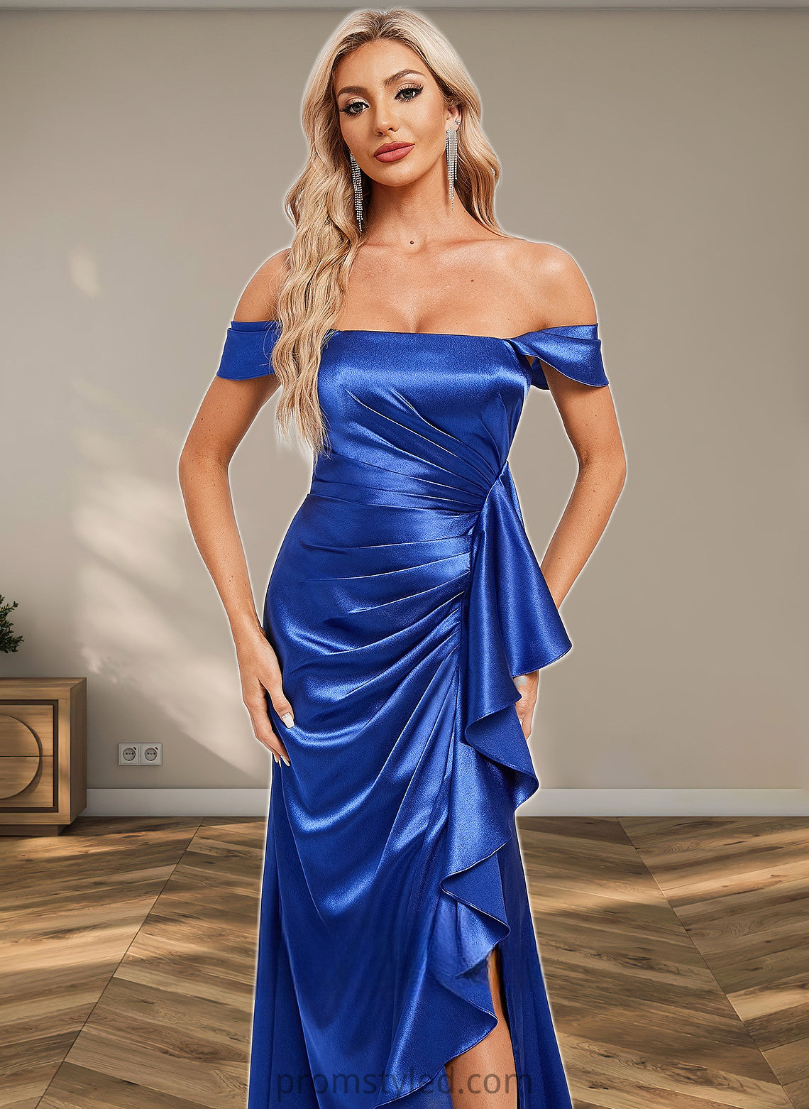 Avery Trumpet/Mermaid Off the Shoulder Floor-Length Stretch Satin Bridesmaid Dress With Ruffle HLP0025800