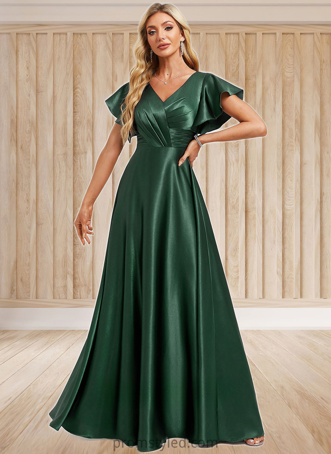 Meredith A-line V-Neck Floor-Length Stretch Satin Bridesmaid Dress With Ruffle HLP0025773