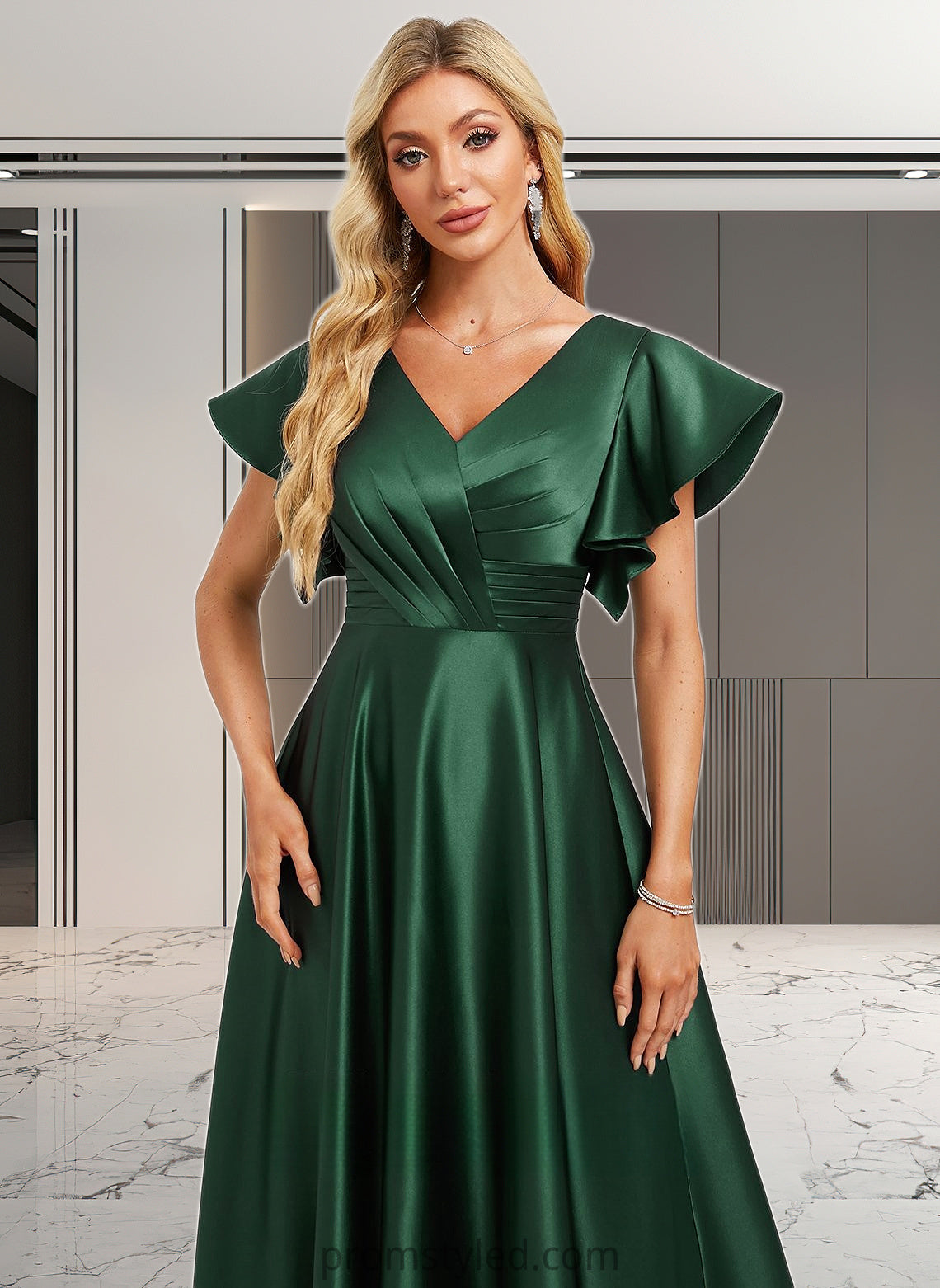 Viola A-line V-Neck Floor-Length Satin Bridesmaid Dress With Ruffle HLP0025777