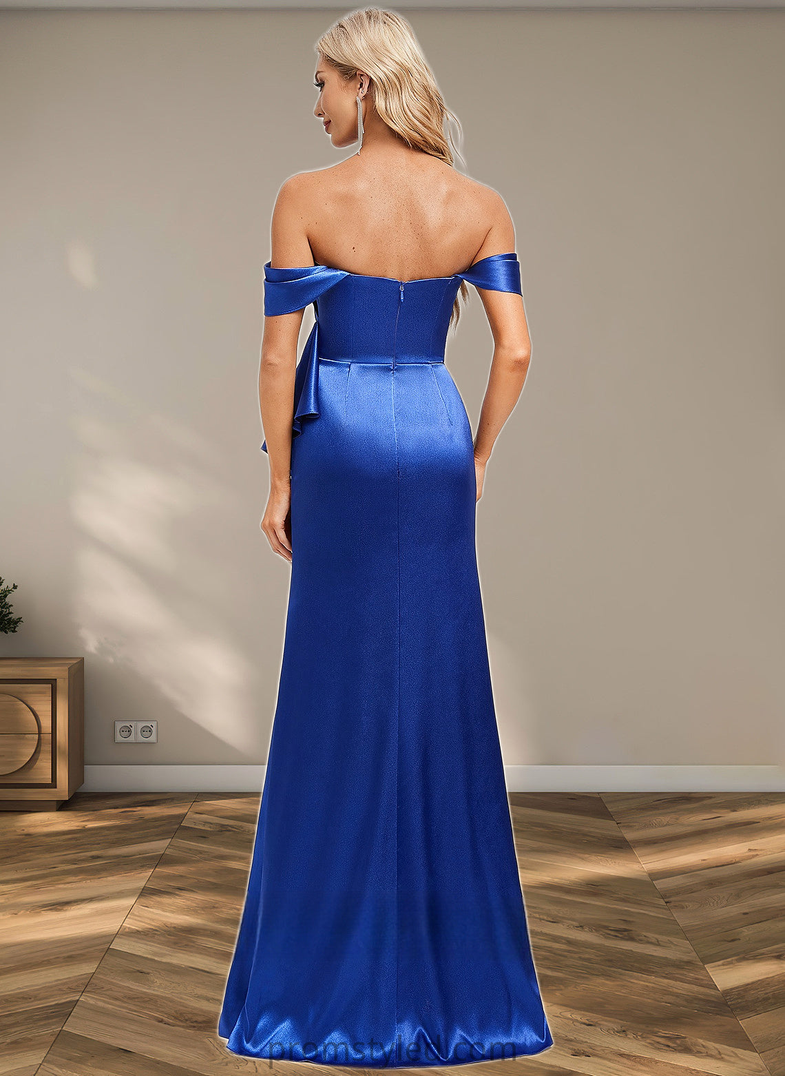 Avery Trumpet/Mermaid Off the Shoulder Floor-Length Stretch Satin Bridesmaid Dress With Ruffle HLP0025800