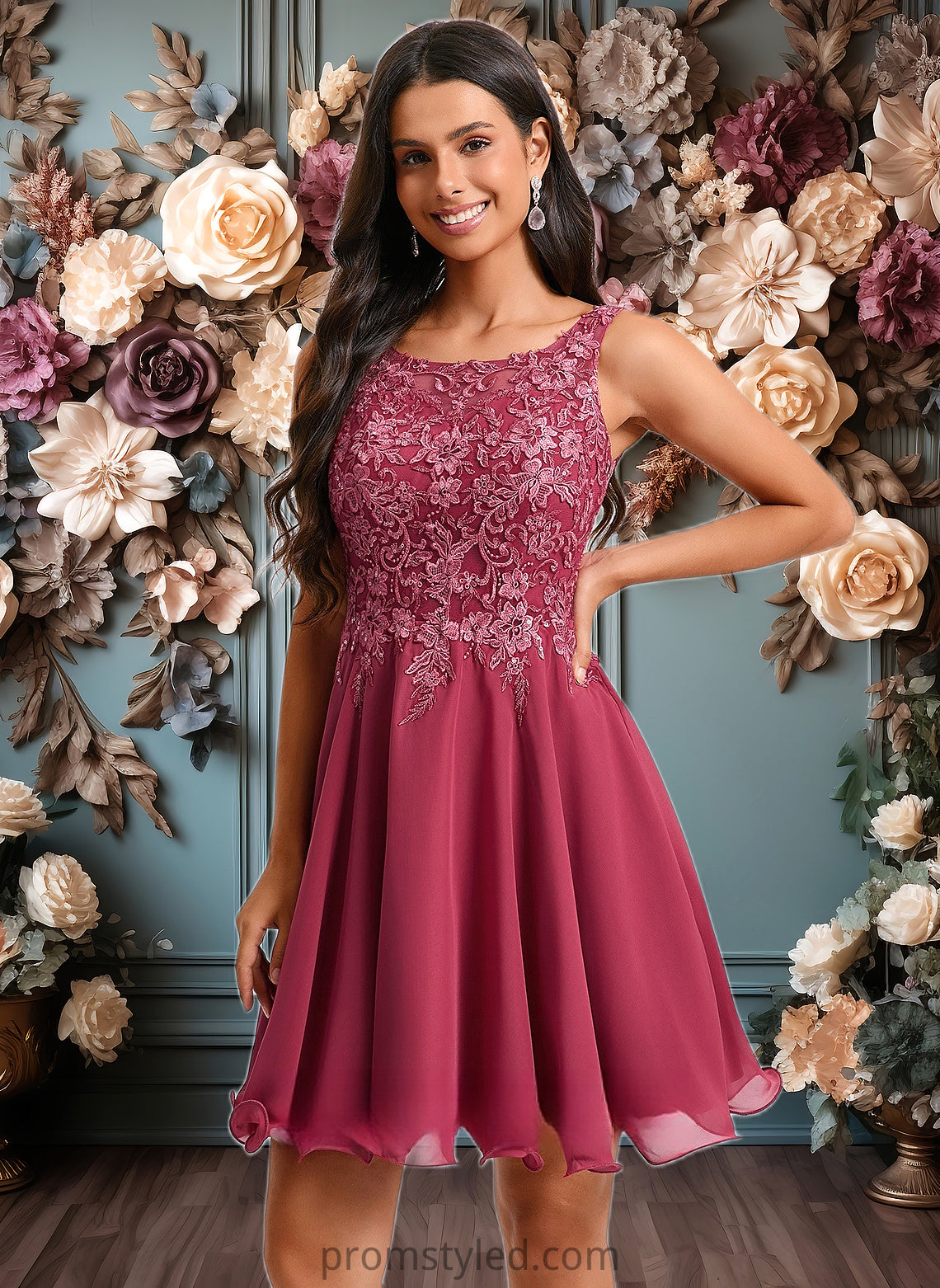 Campbell A-line Scoop Short Chiffon Homecoming Dress With Sequins Appliques Lace HLP0025681