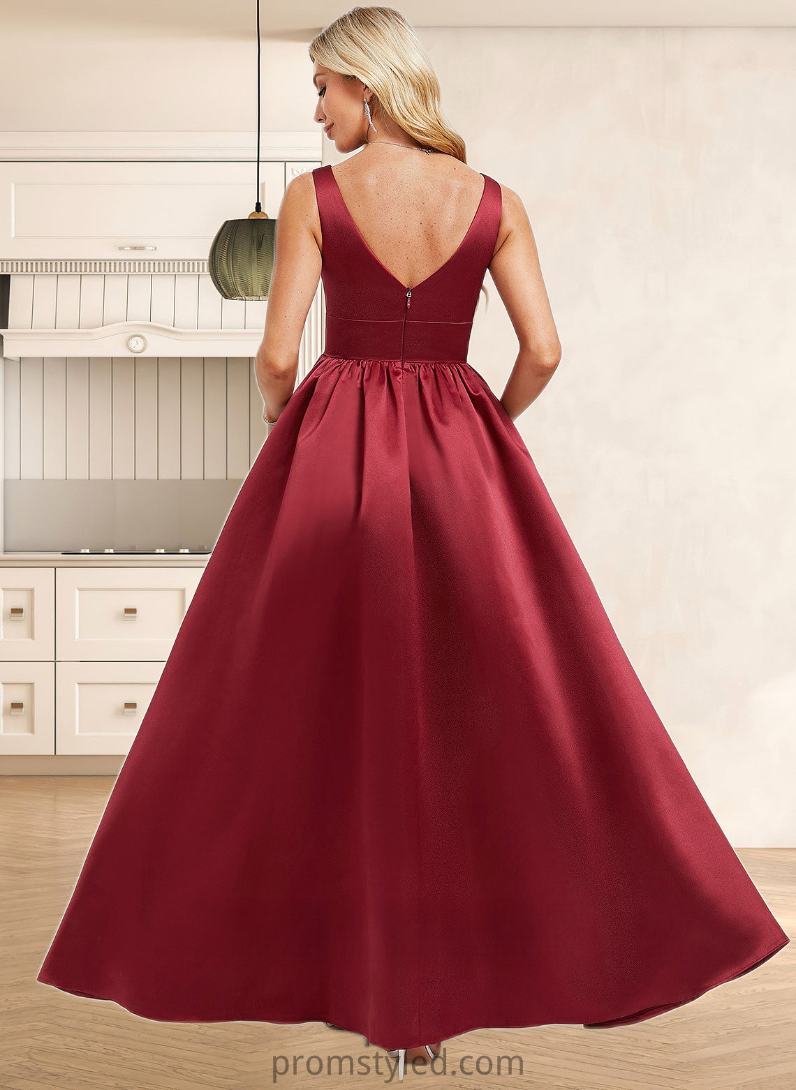 Gwendolyn A-line V-Neck Floor-Length Satin Bridesmaid Dress HLP0025775