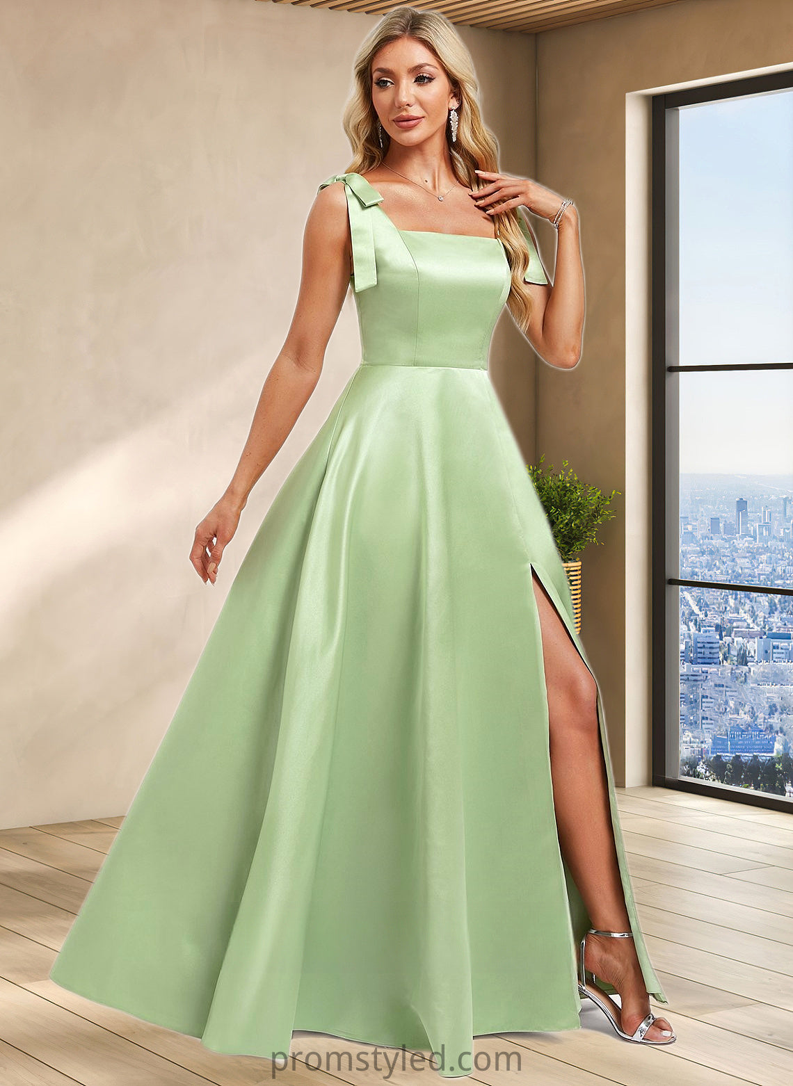 Mareli A-line Square Floor-Length Satin Bridesmaid Dress With Bow HLP0025778