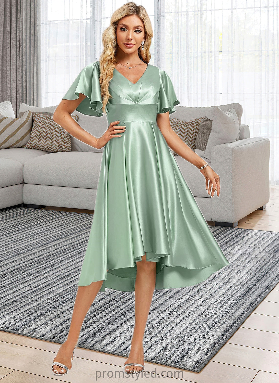 Ashanti A-line V-Neck Asymmetrical Stretch Satin Bridesmaid Dress With Ruffle HLP0025772